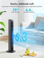 GoveeLife Intelligente leiser Turmventilator, 75° Oszillierende Ventilatoren mit App- und Sprachfernbedienung, 6.3m/s Geschwindigkeit 8 Geschwindigstufen 5 Modi 24 Std-Timer, mit Kühlung