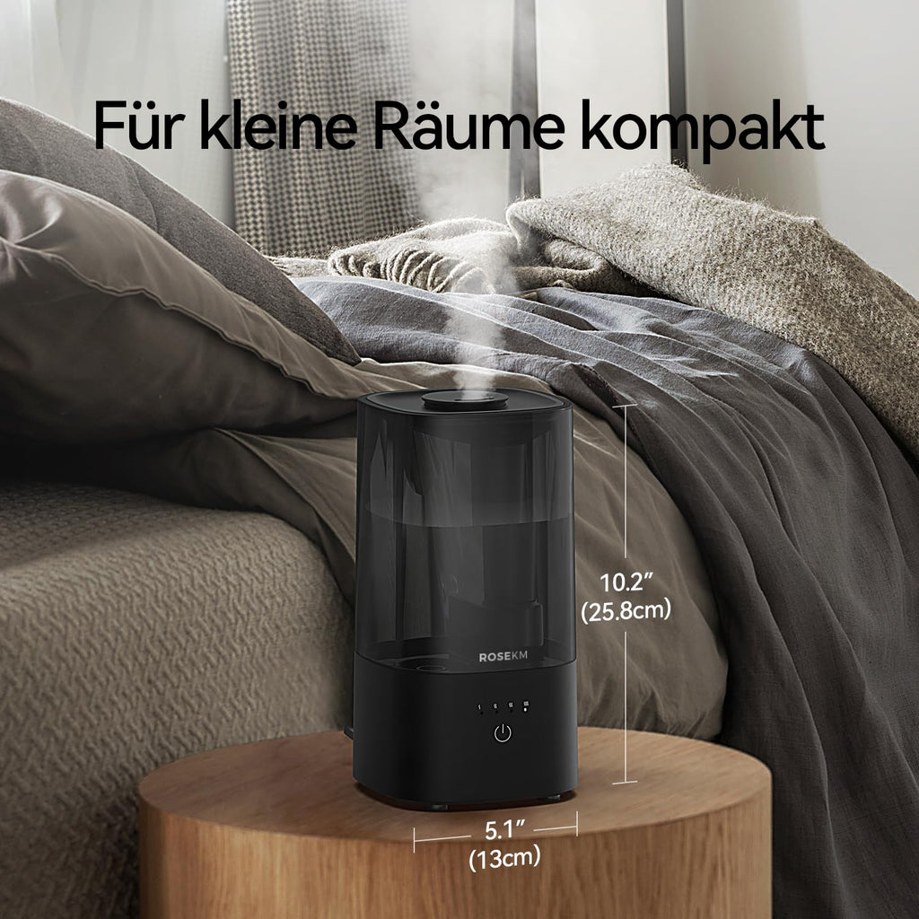 Roeskm Luftbefeuchter für Schlafzimmer, Kühlmist-Luftbefeuchter für zuhause, Pflanzen und Babyzimmer, leiser ultraschallbasiert mit 360°-Düse, automatischer Abschaltung, ohne Filter, schwarz