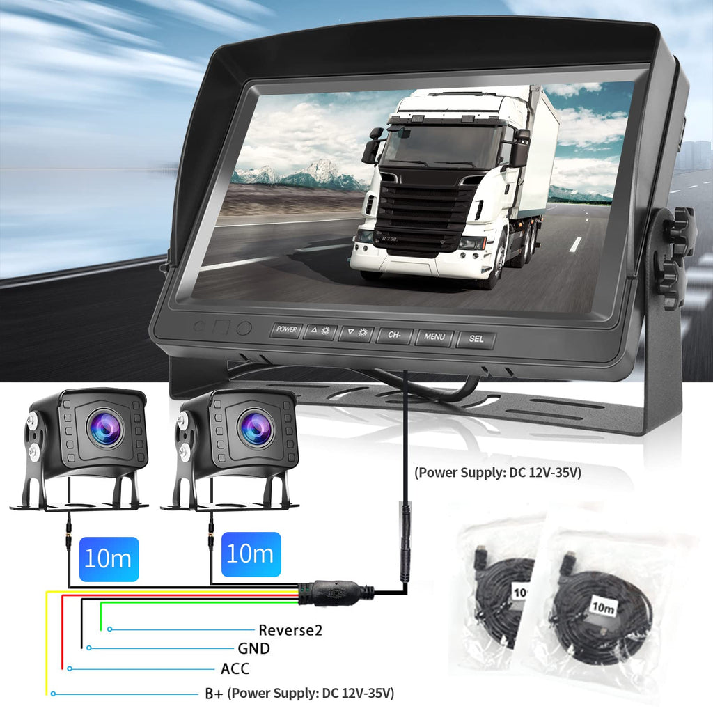 Hodozzy Dual Backup Kamera Rückfahrkamera System, Videoaufzeichnung 9 Zoll LCD Monitor DVR, IP69 Wasserdicht Vollfarb-Nachtsicht Auto Kamera mit 2*10m Kabel für LKW/Anhänger/Bus/Van/Wohnmobil 12V-35V