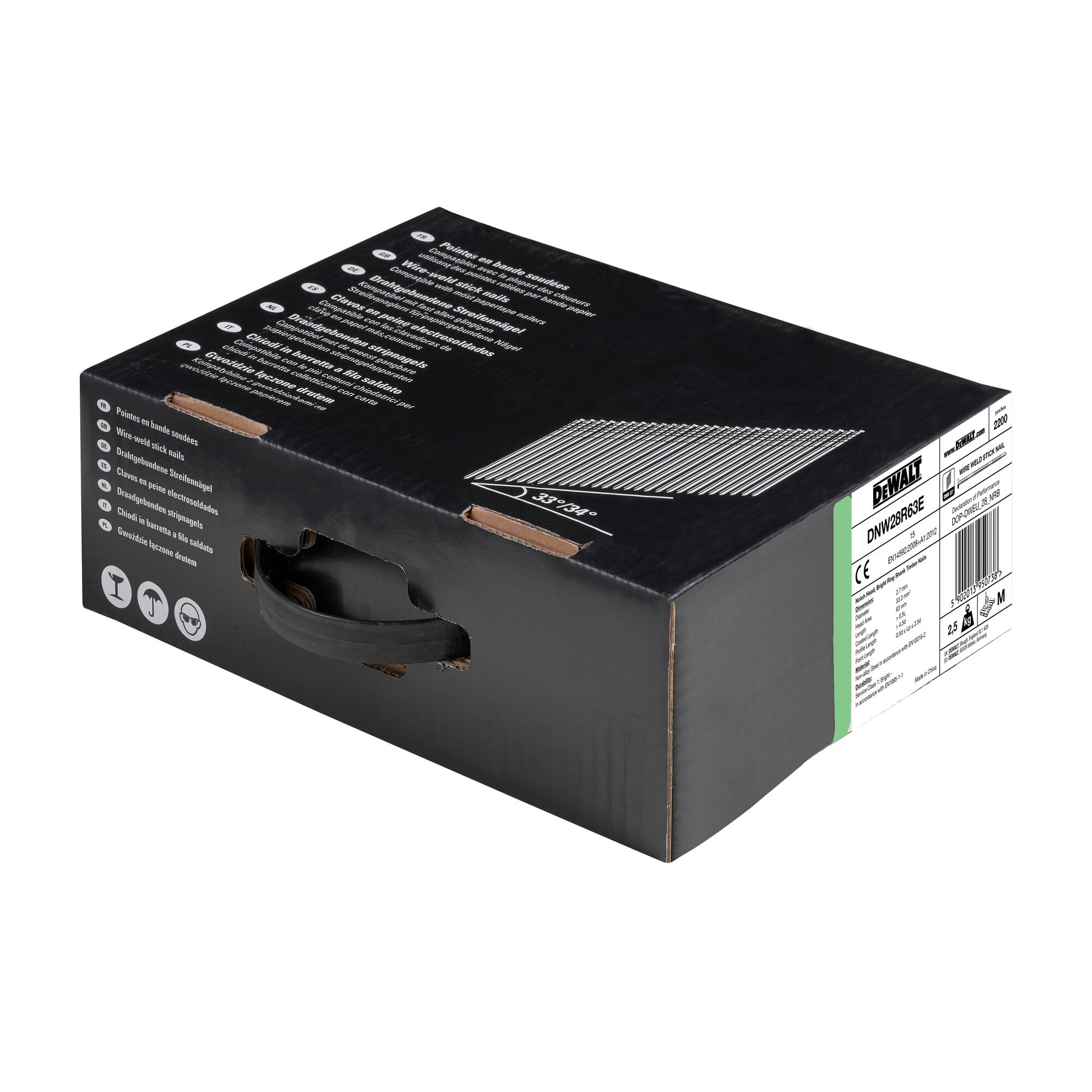 DEWALT DNW28R50E D-Kopf-Nägel (Typ 34°, D-Kopf, Ringschaft, drahtgeb., Ø: 2.80mm, Länge: 63mm, passend zu Akku Nagler DCN690, DCN691, DCN692, DCN695, Druckluftnagler DPN9033 u. DPN9033SM) 2.200 Stück