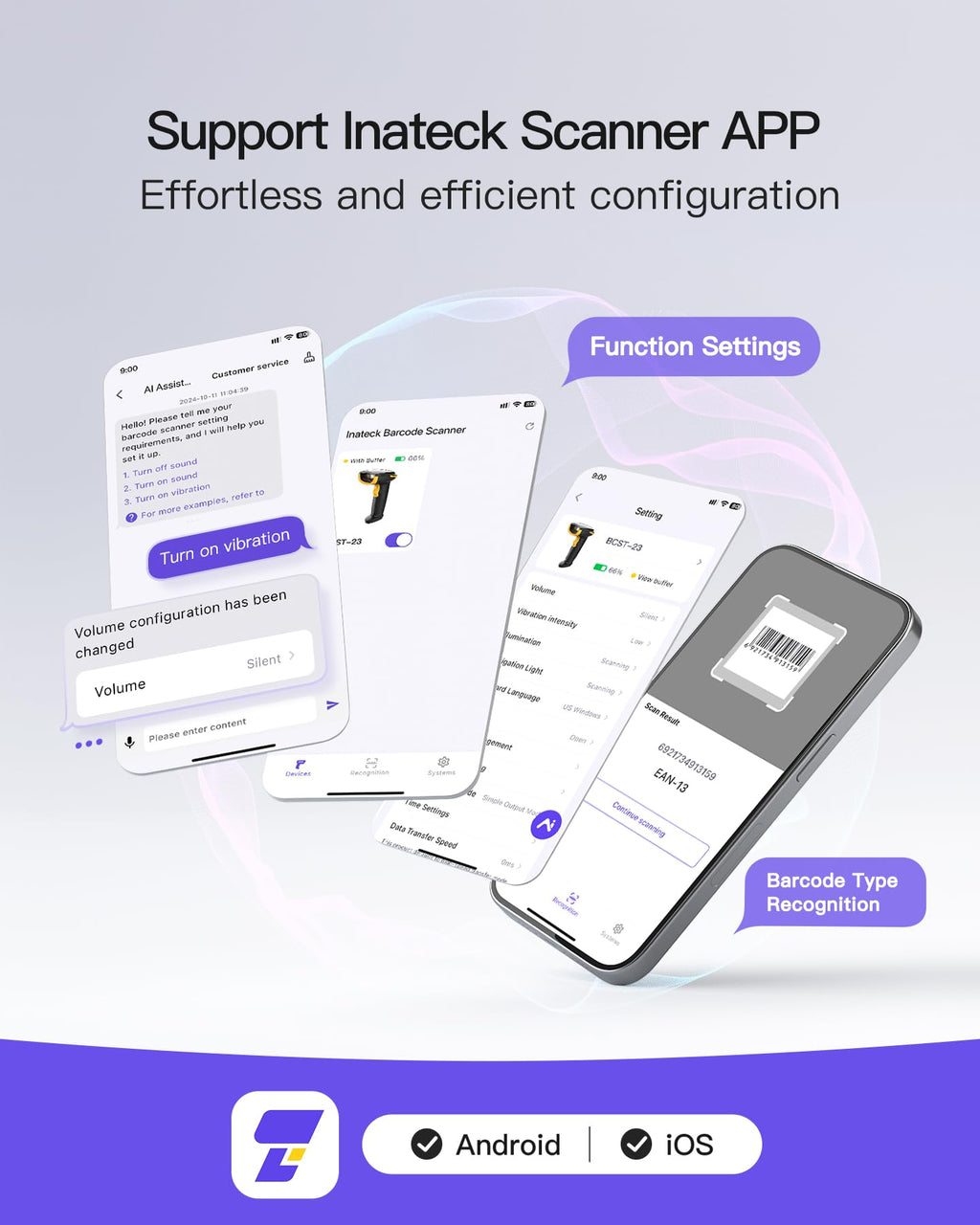 Inateck Barcode Scanner Kabellos, 1D 2D QR Code Scanner, 3-in-1 Handscanner mit Bluetooth, 2,4 GHz und Kabel, 2600mAh für 3 Monate Standby, mit APP und SDK, Bildschirm-Scannen Unterstützt, BCST-23