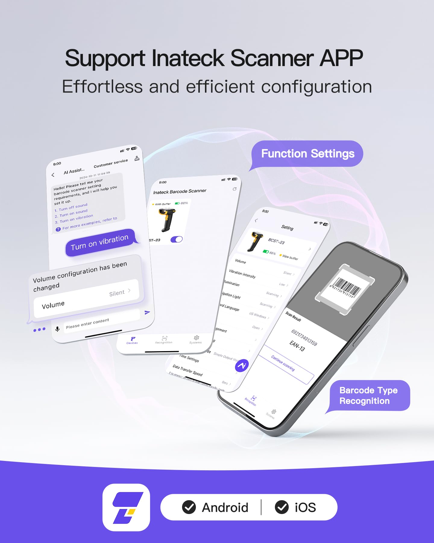 Inateck Barcode Scanner Kabellos, 1D 2D QR Code Scanner, 3-in-1 Handscanner mit Bluetooth, 2,4 GHz und Kabel, 2600mAh für 3 Monate Standby, mit APP und SDK, Bildschirm-Scannen Unterstützt, BCST-23