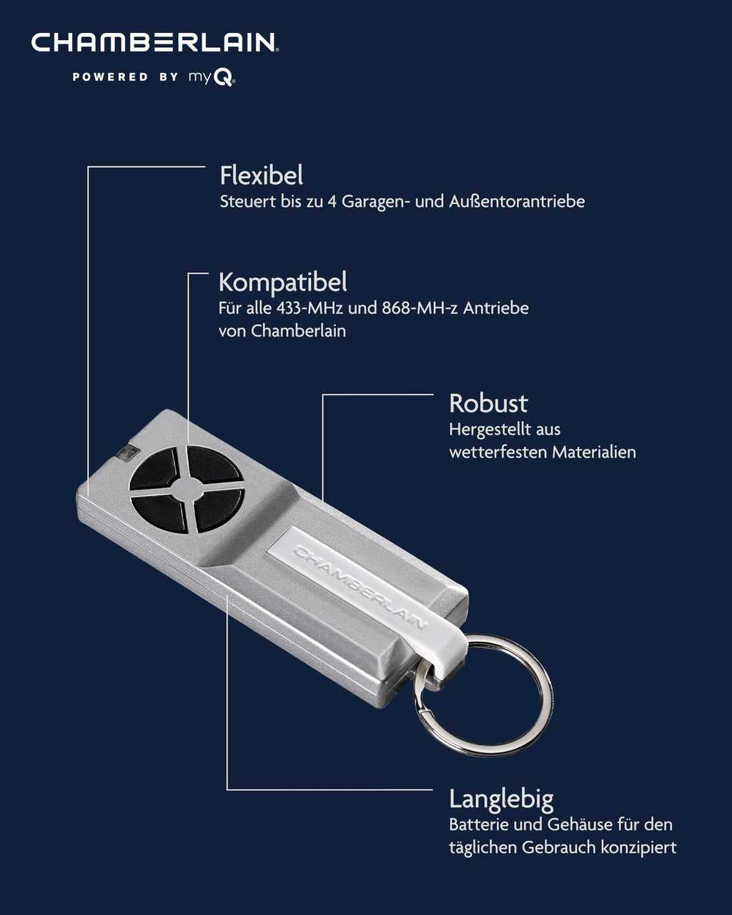 Chamberlain TX4RUNI Universalhandsender - 4-Kanal Handsender für Garagen- & Außentorantriebe - 433 MHz Kompatibel - Inkl. Batterie