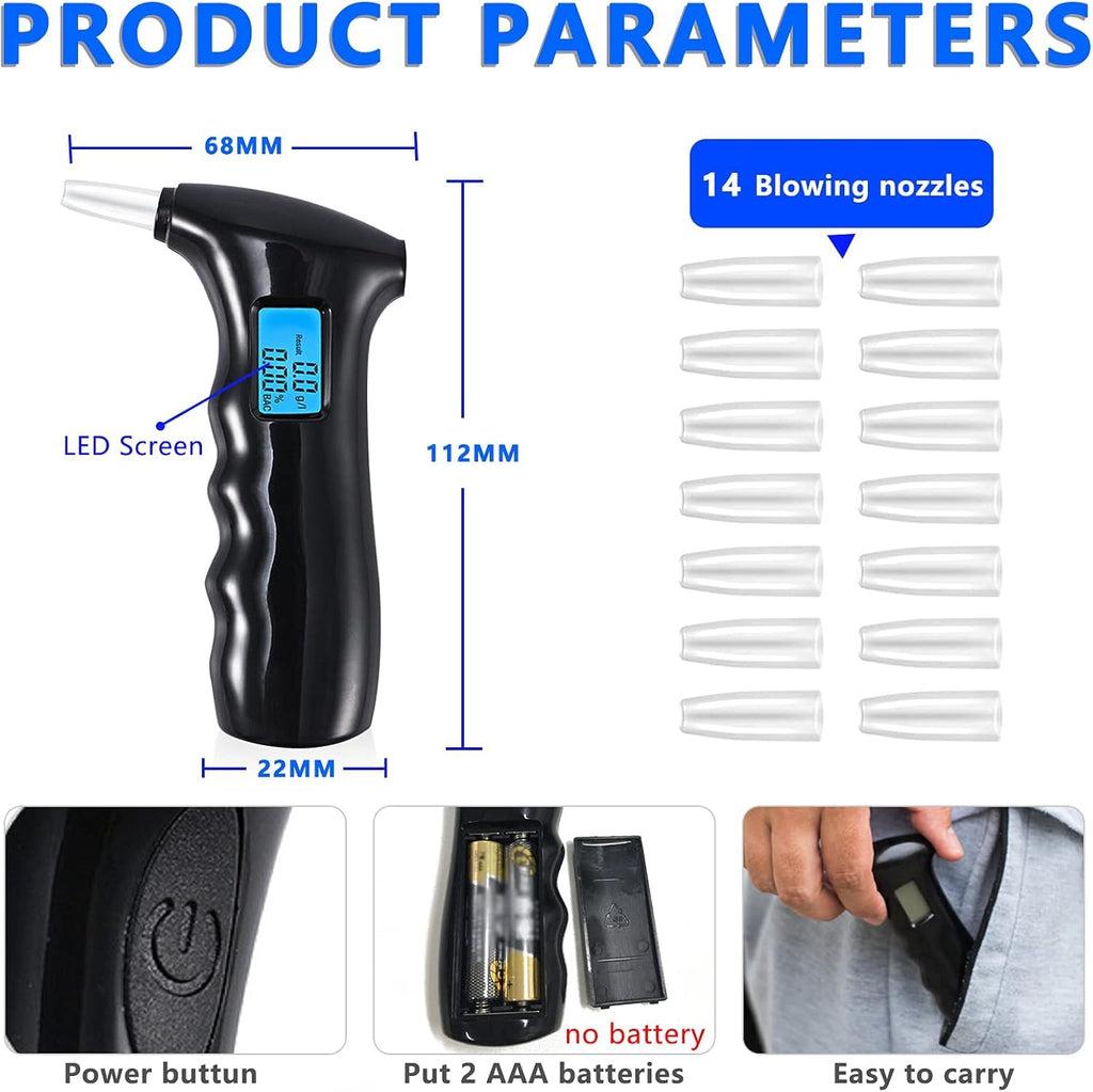 RUTIDA Alkoholtester, Promillemessgerät Polizeigenau Alkoholmessgeräte mit 14 Mundstücken, Professioneller Alkohol Tester mit Digitaler LCD Bildschirm