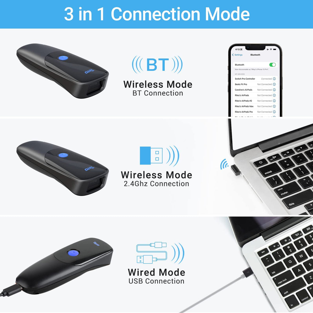 Tera Pro Series 2D QR 3-in-1 Portable Mini Barcode Scanner Bluetooth & USB Cable & 2.4G Wireless with Time Prefix/Suffix, 1200 mAh Better Efficiency, Model 1300 Blue