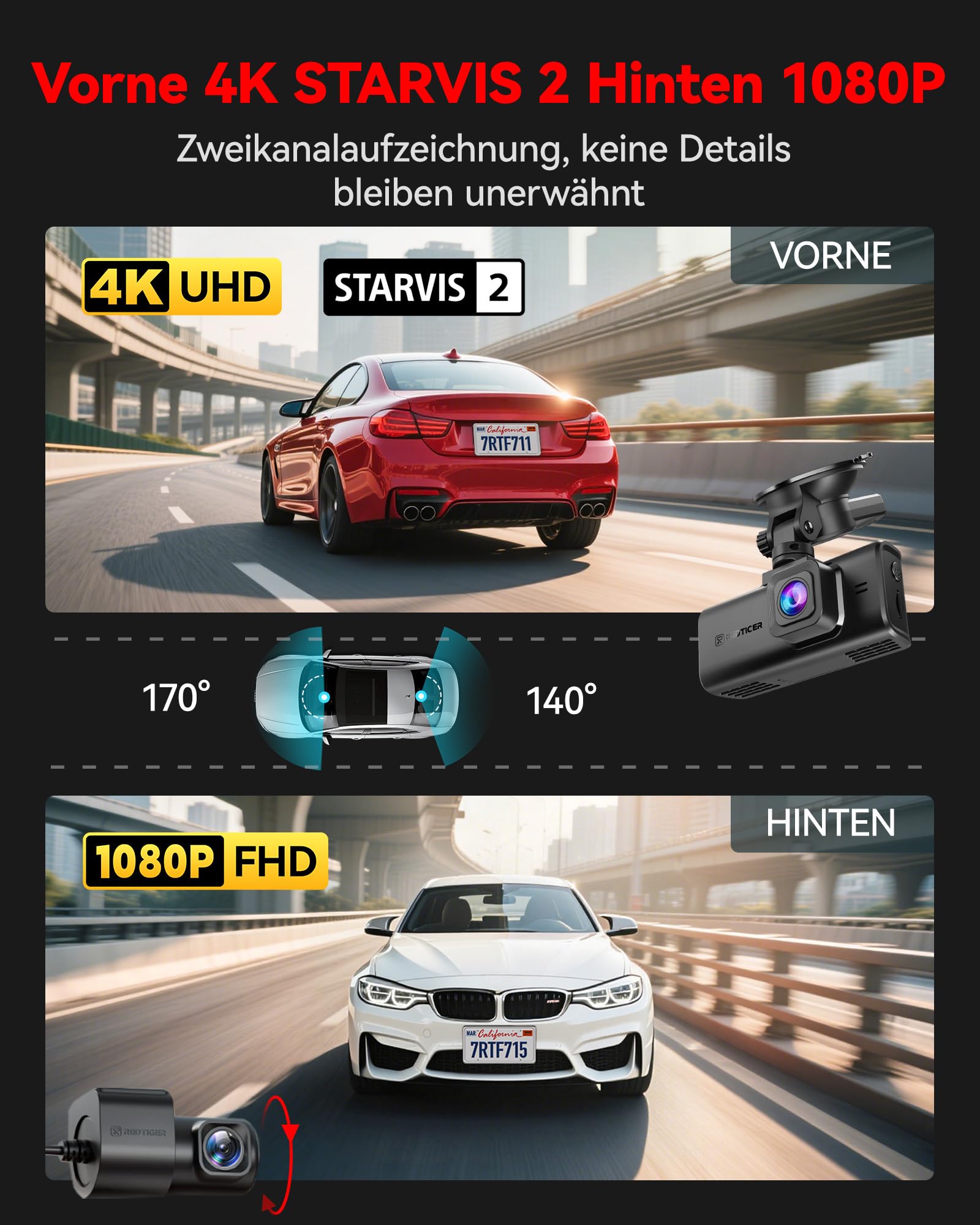 REDTIGER 4K STARVIS 2 Dashcam Auto Vorne Hinten,Touchscreen 3,18 Zoll,Sprachsteuerung,Dash Cam Auto 5.8GHz WiFi 6,GPS,Kostenlose 128GB Karte,2160P UHD-Nachtsicht,Notfall-Sperre,Parkmonitor (F7N Touch)