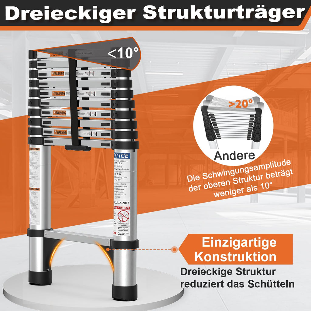 HBTower Teleskopleiter 3,2 m aus Aluminium, Klappbare Ausziehleiter mit Rutschfesten Füßen, Leicht & Kompakt, Tragkraft 150 kg, Ideal für Deckenarbeiten & Dachböden, Silber
