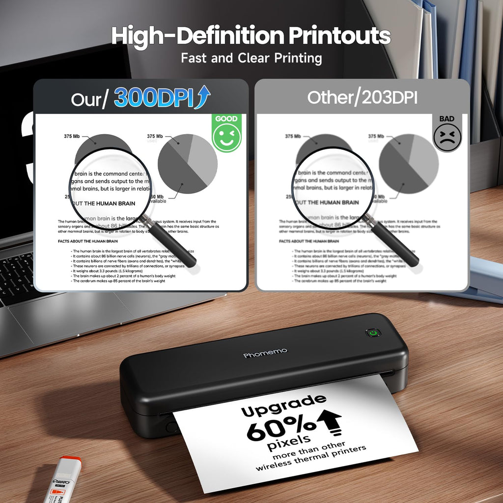 Phomemo M834 Thermodrucker A4, Mobiler Drucker A4 für Unterwegs, Büro, Schule, Zuhause, Kompatibel mit Smartphones und Computern, Tragbarer Drucker mit Tragetasche und 4 Rollen Thermopapier, Schwarz