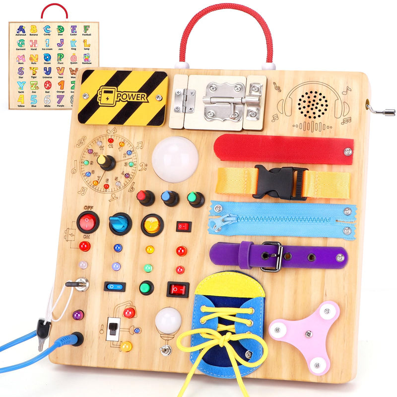 23 in 1 Busy Board Montessori Spielzeug ab 1 jahr Activity Board Holzspielzeug Mit 15 Schaltern, 26 LED Lichtern, Spieluhr, Schloss, Schnürsenkeln, Reißverschluss für 1 2 3 Jahre Jungen und Mädchen