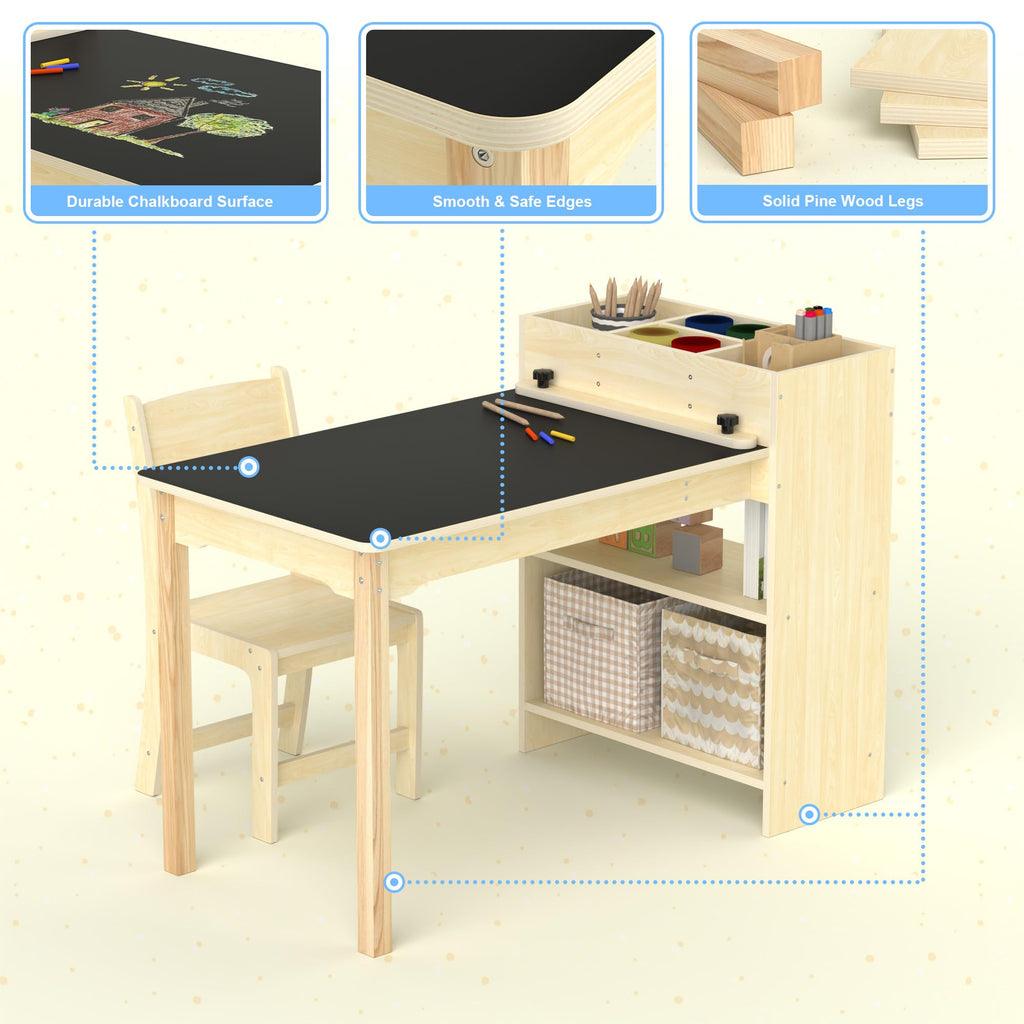 Puecrof Kinder Kreativtisch mit Stuhl aus Massivholz – Multifunktioneller Lern- & Spieltisch mit Stauraum für Kleinkinder ab 12 Monaten | Maltisch für Zuhause mit ergonomischem Kinderstuhl
