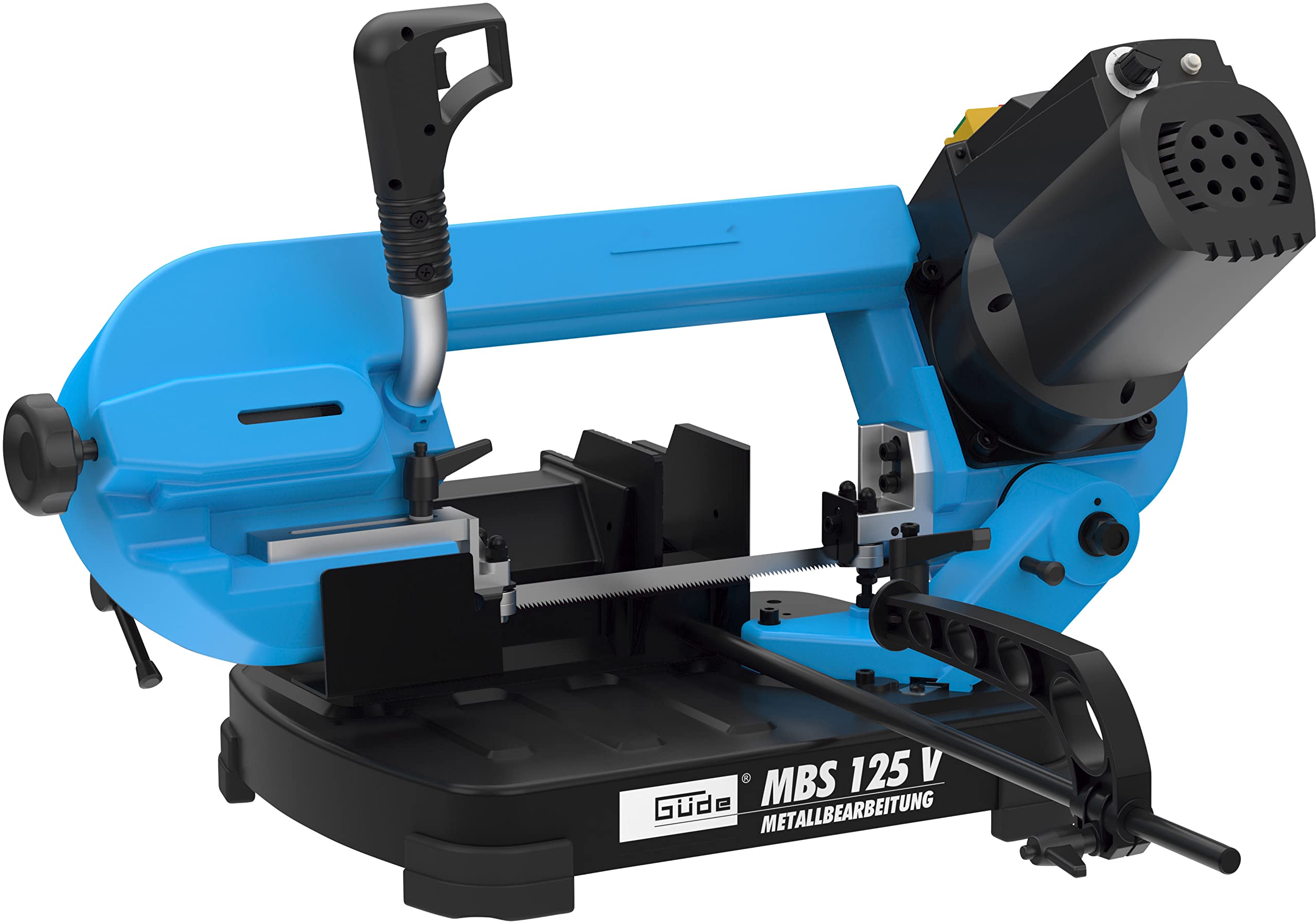Güde Metallbandsäge MBS 125 V (400 W, variable Bandgeschwindigkeit 38-80 m/min, Winkelschnitte 0-60°, Schnittleistung max. 125 mm, 2000-4200 1/min, Materialanschlag, Schraubstock, Sägeband 1435 mm)