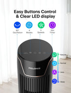 PELONIS Turmventilator mit Fernbedienung - 5 Geschwindigkeitsstufen & 4 Modi (AI/Nacht/Naturwind) 9H Timer, LED-Display mit Speicherfunktion - Energiesparender Ventilator für Büro Schlafzimmer