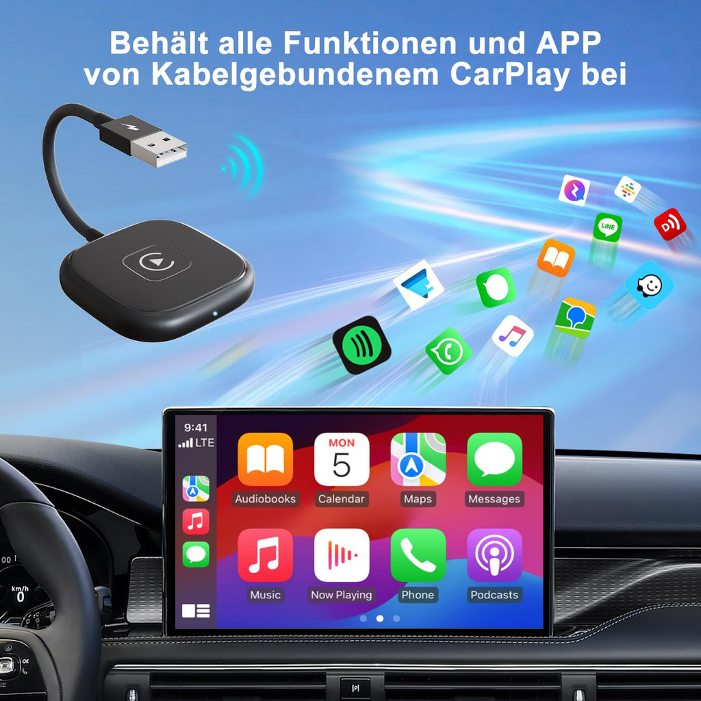 für Apple CarPlay Wireless Adapter, Superschnelle Upgrade von Wired auf Wireless, Plug und Play, Stabile Verbindung, kompatibel mit iPhone iOS 10+ & Autos mit Wired CarPlay