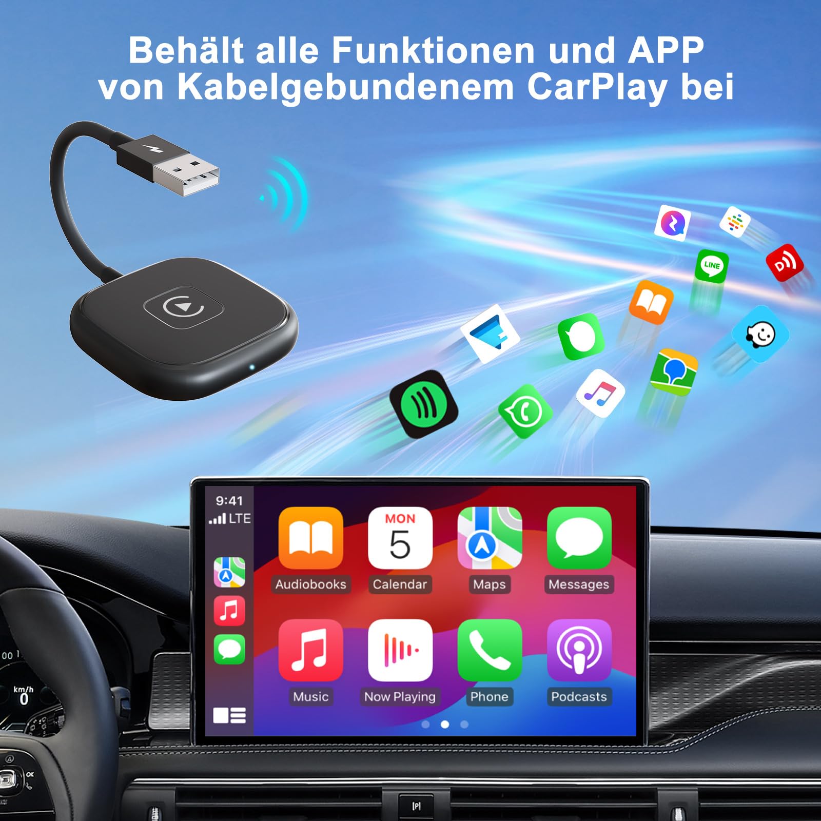 für Apple CarPlay Wireless Adapter, Superschnelle Upgrade von Wired auf Wireless, Plug und Play, Stabile Verbindung, kompatibel mit iPhone iOS 10+ & Autos mit Wired CarPlay