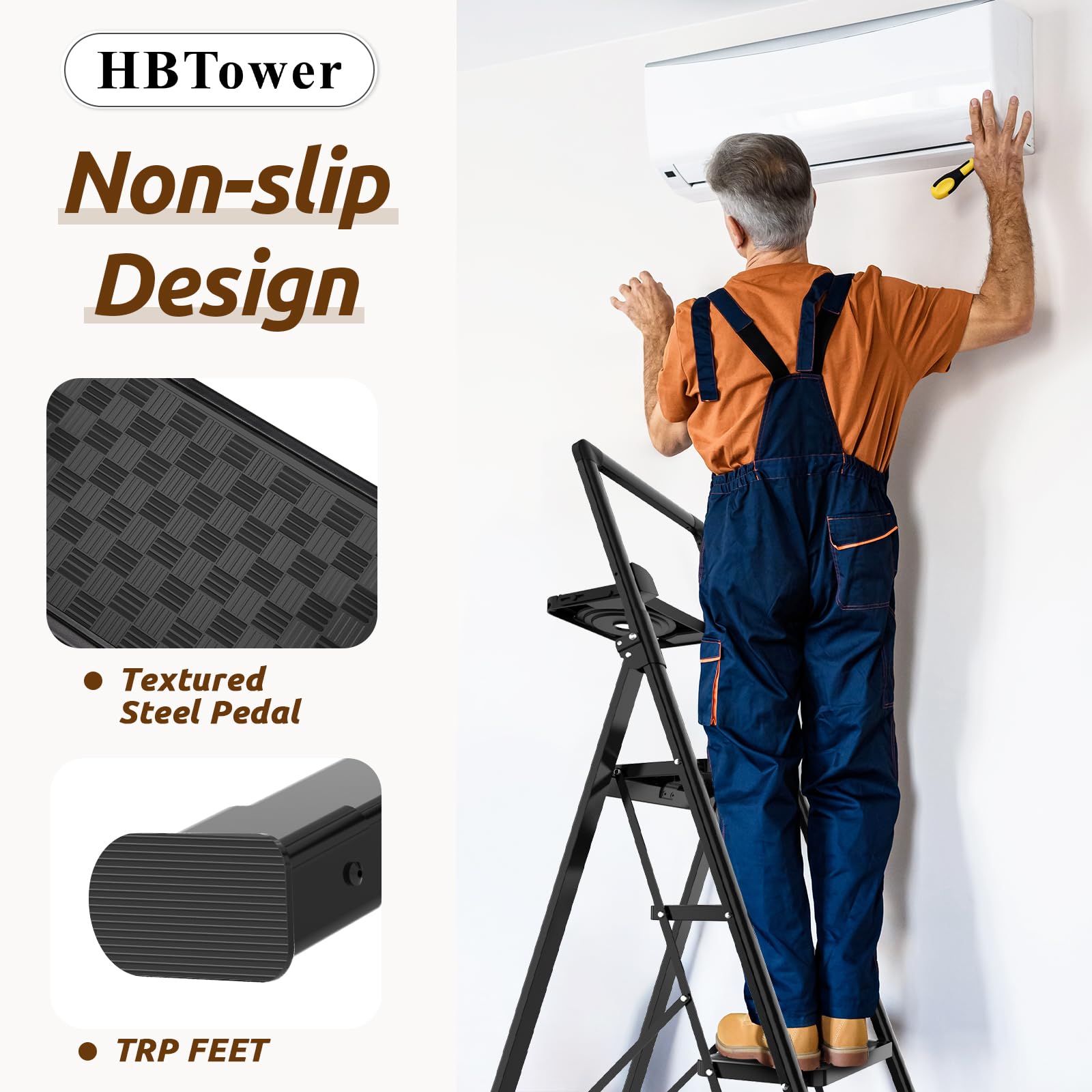 HBTower Trittleiter 5 Stufen Klappbar, Leiter 5 Stufen,stufenleiter,Leiter mit breitem Anti-Rutsch-Pedal, Tritthocker, Tritthocker mit 150kg Kapazität,Schwarz