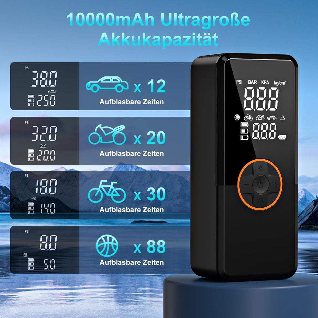 Elektrische Luftpumpe, Luftpumpe Elektrisch mit 10000mAh Akku, 150PSI Tragbar Mini Kompressor mit Manometer, Fahrradpumpe Elektrisch mit Digital LCD Bildschirm für Fahrräder, Motorräder, Auto & Bälle