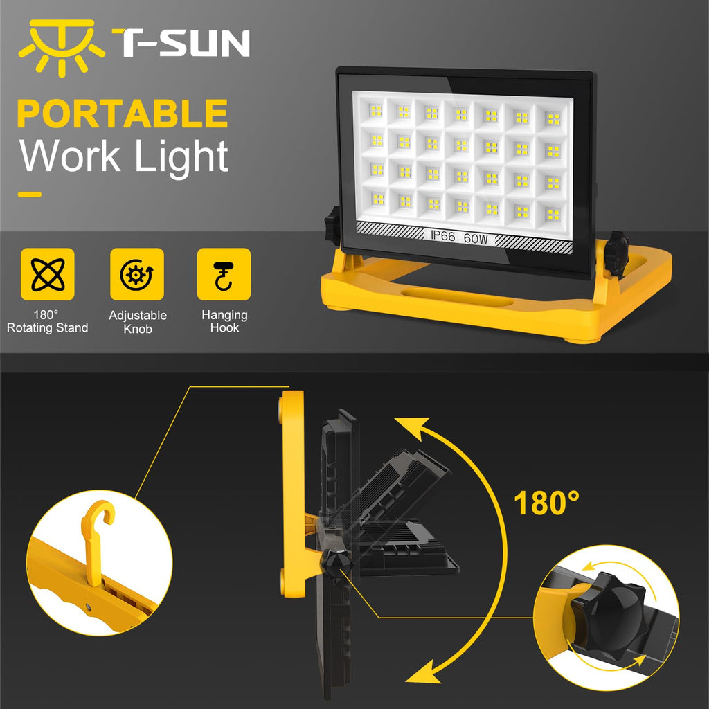 LED Baustrahler, T-SUN 60W 6000K Arbeitsleuchte mit 3 Modi, LED Arbeitsleuchte mit Stecker, IP66 Wasserdicht Baustrahler LED mit 4M Kabel, Tragbar Baustellenlampe für Werkstatt oder Baustelle,Garage