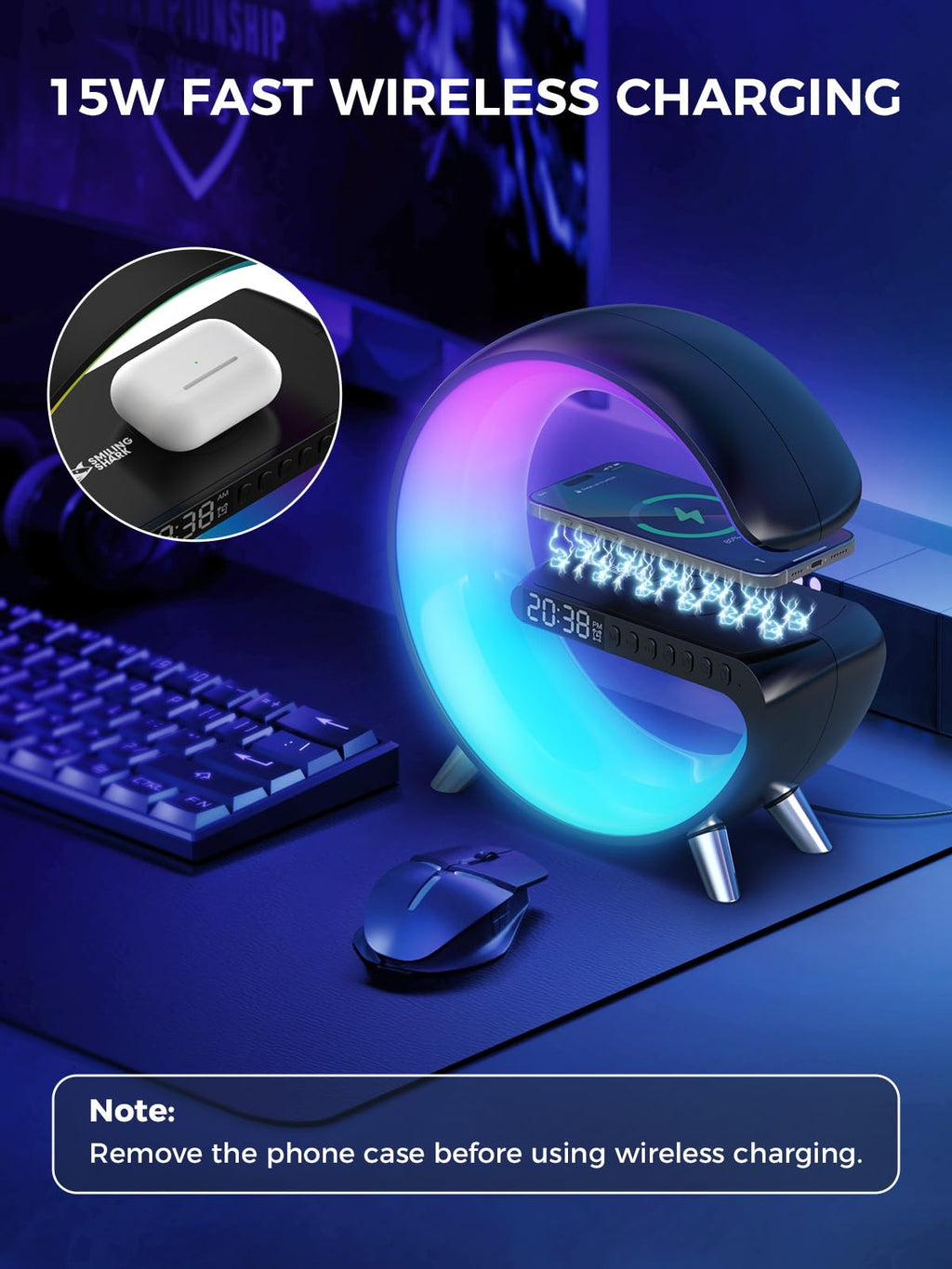 Smiling Shark Lichtwecker, Intelligente Wecker Licht Atmosphärenlicht mit Kabelloses Ladegerät Bluetooth Lautsprecher Dimmbar Naturgeräuschen App Steuerung Sonnenaufgang Licht Wecker für Wohnzimmer