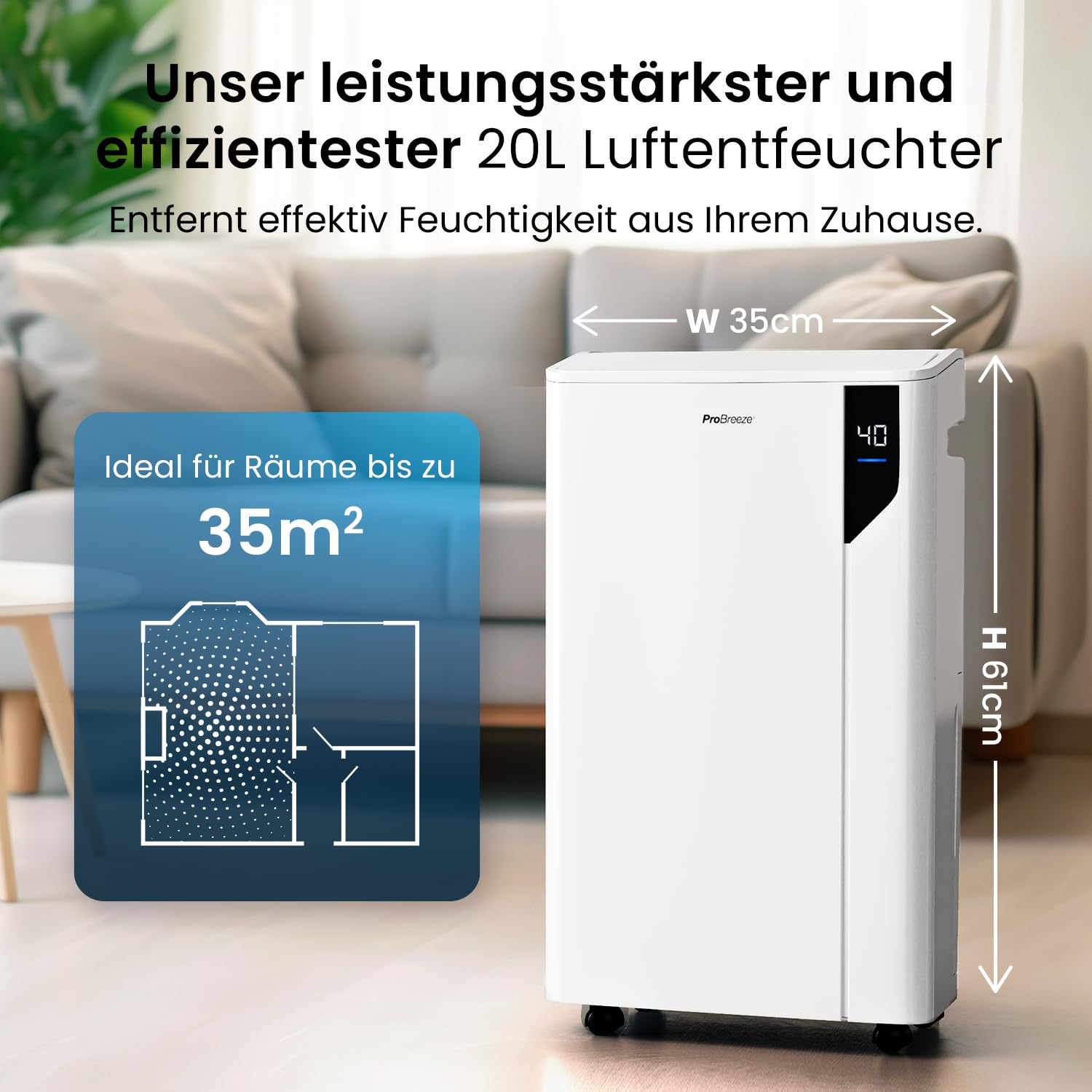 Pro Breeze Luftentfeuchter 20L in 24h Entfeuchtungsleistung - Luftentfeuchter elektrisch mit Wäschemodus, Feuchtigkeitssensor, Luftfilter, Timer - Gegen Schimmel - Entfeuchter elektrisch für bis 35m²