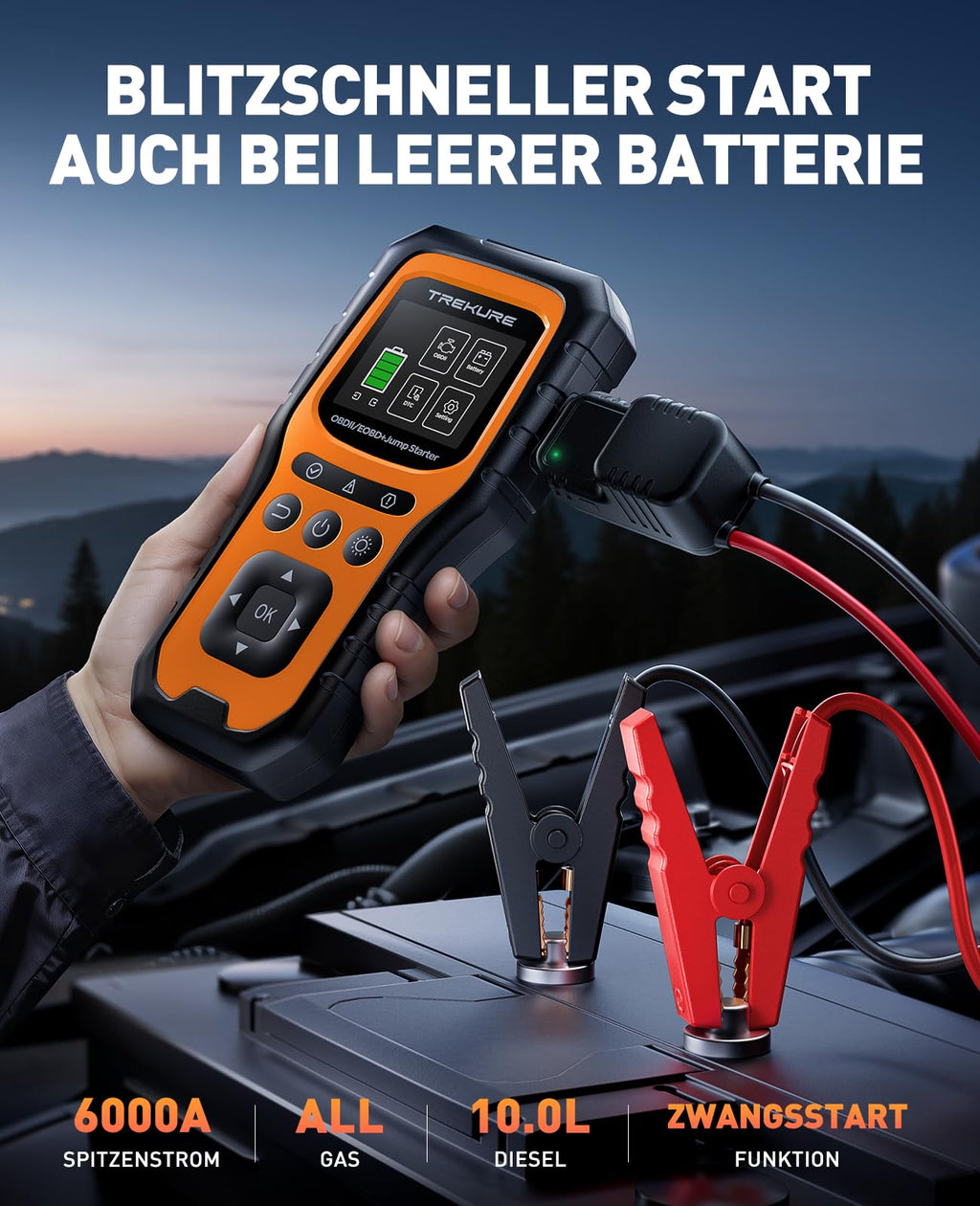 TREKURE 6000A Auto Starthilfe Powerbank mit OBD2 Diagnosegerät und Batterietest, Starthilfe Powerbank für PKW 12V, für Benzin & Diesel bis 10,0L, Tragbare Starthilfe mit LED-Notlicht, V0-Feuerschutz
