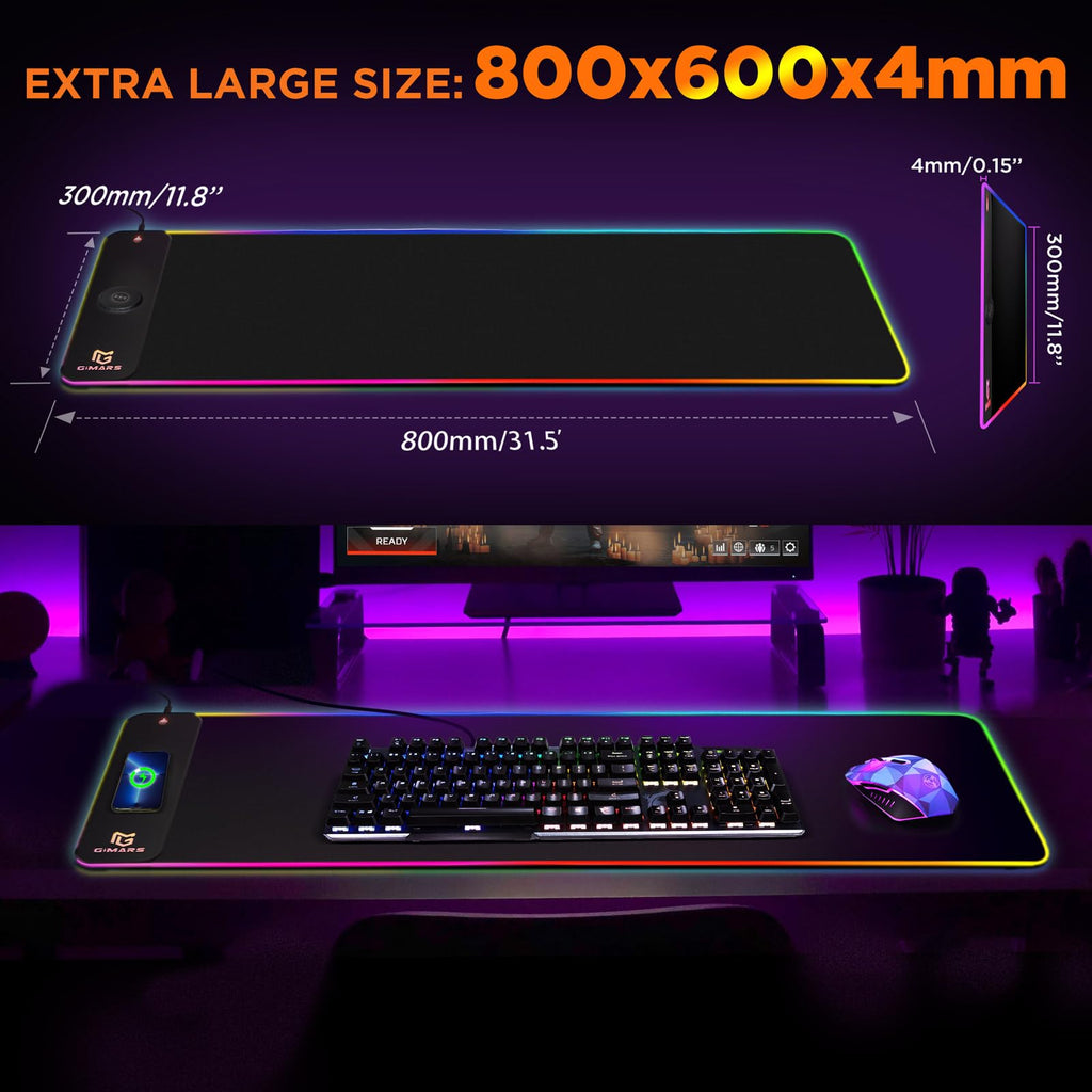 Gimars Upgrade Gaming Mauspad RGB, 15W Kabelloser Schnellladung, 800x300x5mm, Mousepad XXL mit 10 Farben LED-Licht, Groß LED Mouse Pad Gaming Zubehör mit Glatter Oberfläche, Rutschfester Gummifuß