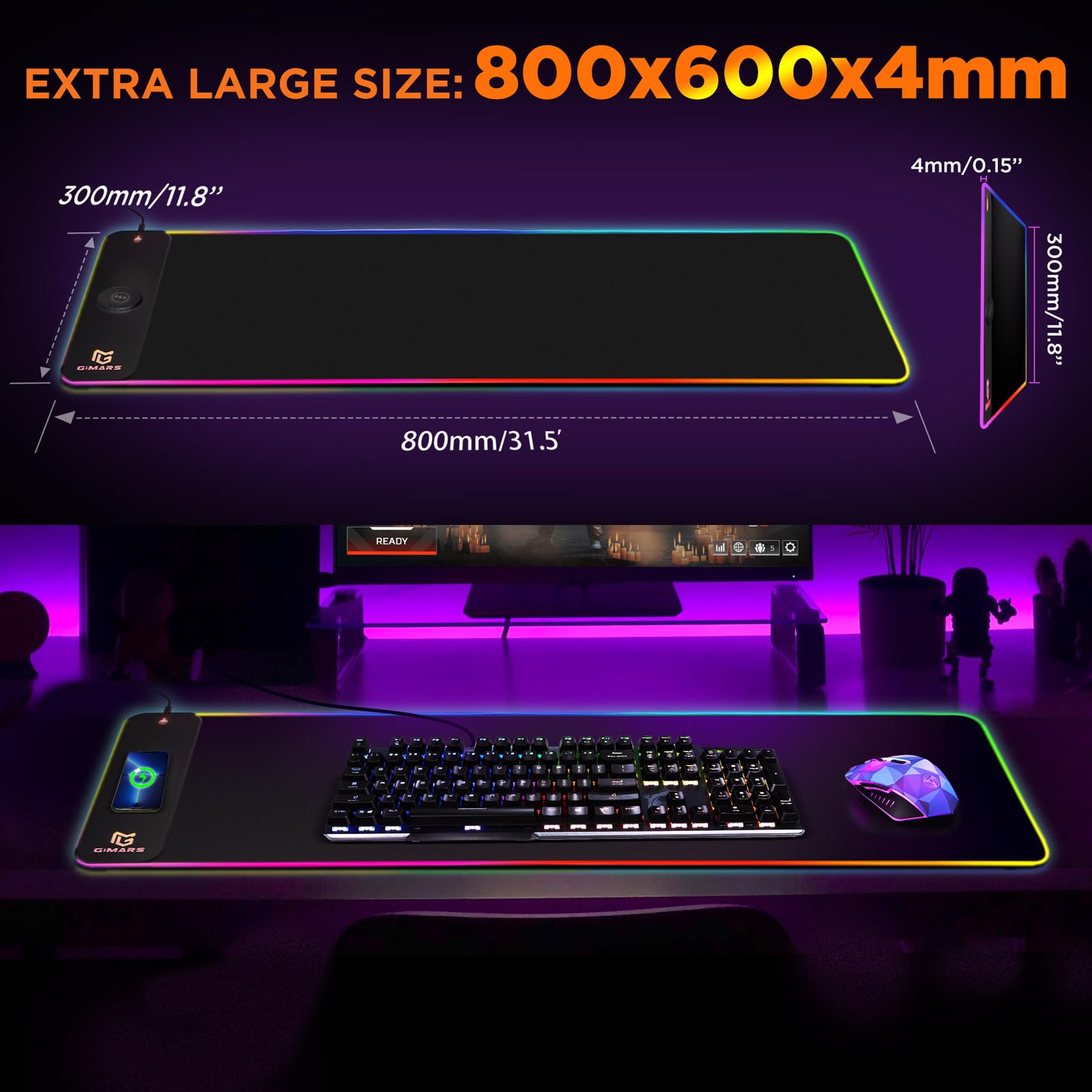 Gimars Upgrade Gaming Mauspad RGB, 15W Kabelloser Schnellladung, 800x300x5mm, Mousepad XXL mit 10 Farben LED-Licht, Groß LED Mouse Pad Gaming Zubehör mit Glatter Oberfläche, Rutschfester Gummifuß