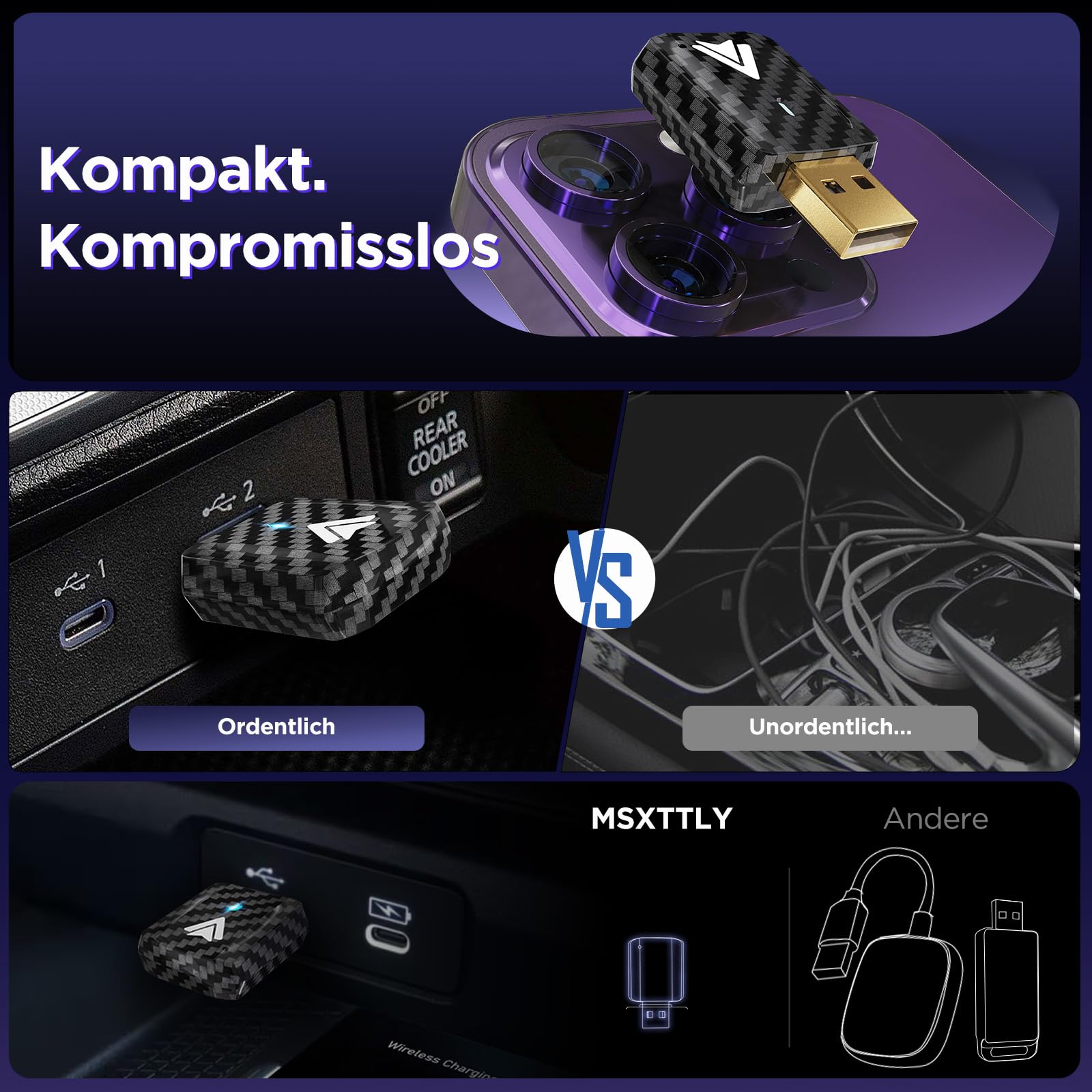 MSXTTLY Android Auto Wireless Adapter – 2026 U2AC-L9 Wandelt Ihre Wired in Wireless für Autos Radio mit Android Auto um, Kompatibel mit Android 11+, USB-C/A 5GHz WiFi Schwarz