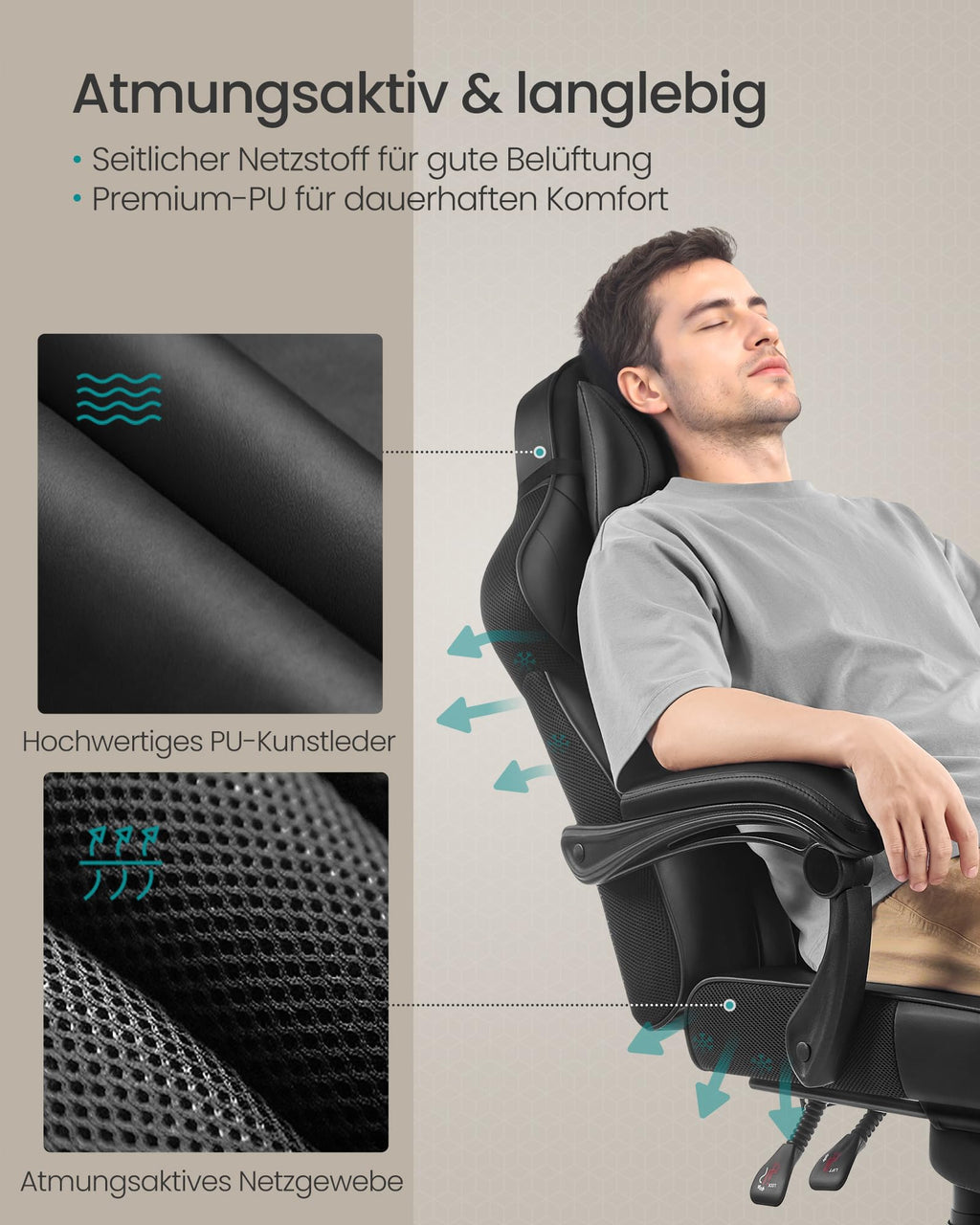 SONGMICS Gaming-Stuhl, Bürostuhl mit Fußstütze, Schreibtischstuhl mit Kopfstütze und Lendenkissen, höhenverstellbar, ergonomisch, bis 150 kg belastbar, tintenschwarz OBG073B05