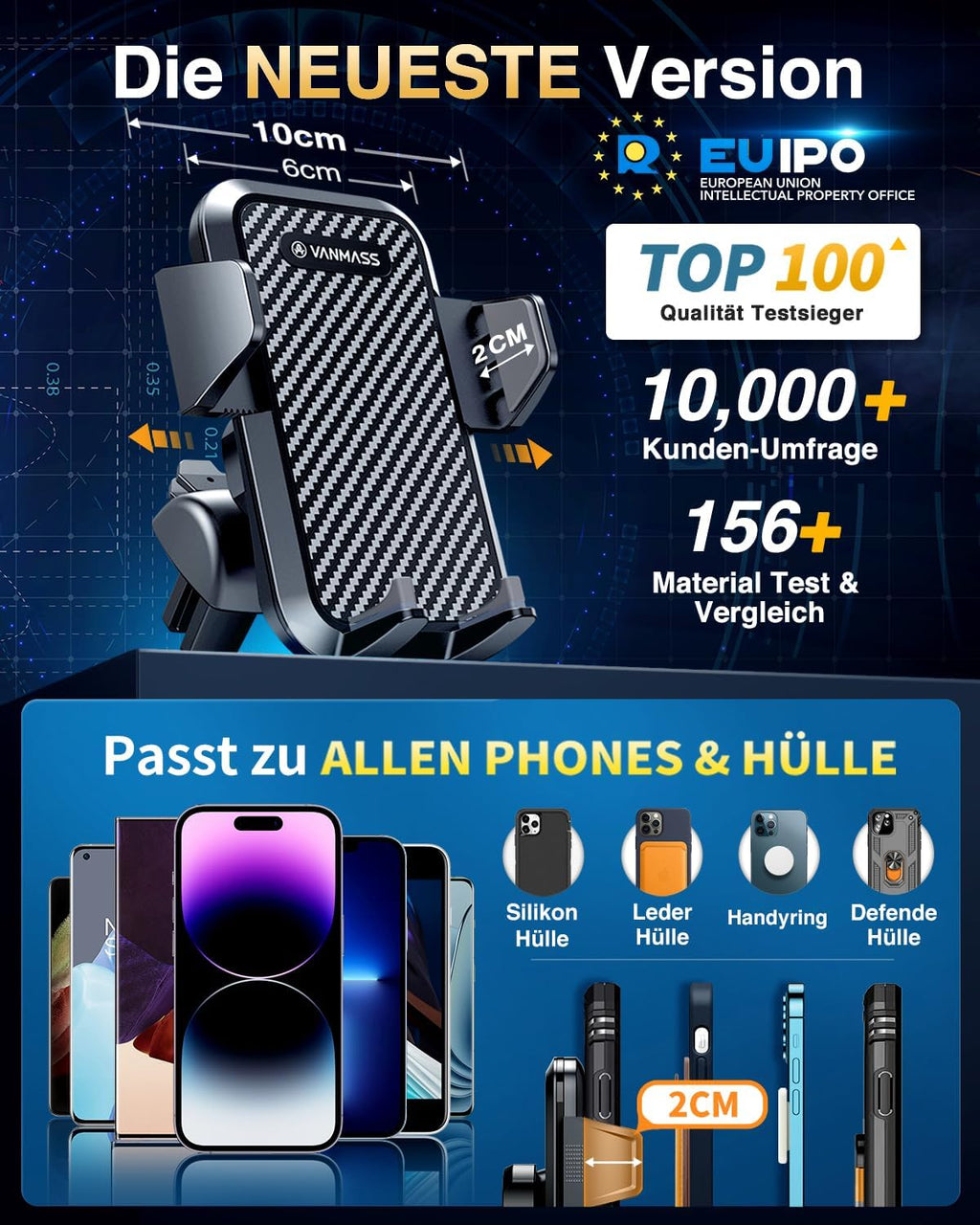 VANMASS Handyhalterung Auto 2026 neuste Version Handy Halterung Auto 4 in 1 Lüftung & Saugnapf Handyhalter 100% Kratzschutz Smartphone Halterungen Innentürgriffe für iPhone 17 Samsung S24 Huawei