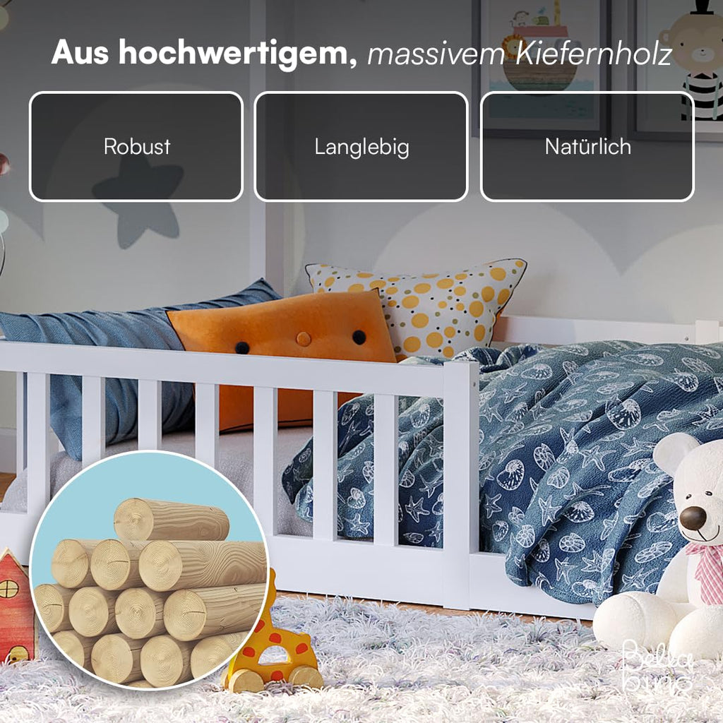 Bellabino Bia Kinderbett 90x200 cm – Bodenbett mit Rausfallschutz & Lattenrost – Hausbett aus Massivholz Kiefer – Montessori Kinder Bett in Weiß für Jungen und Mädchen