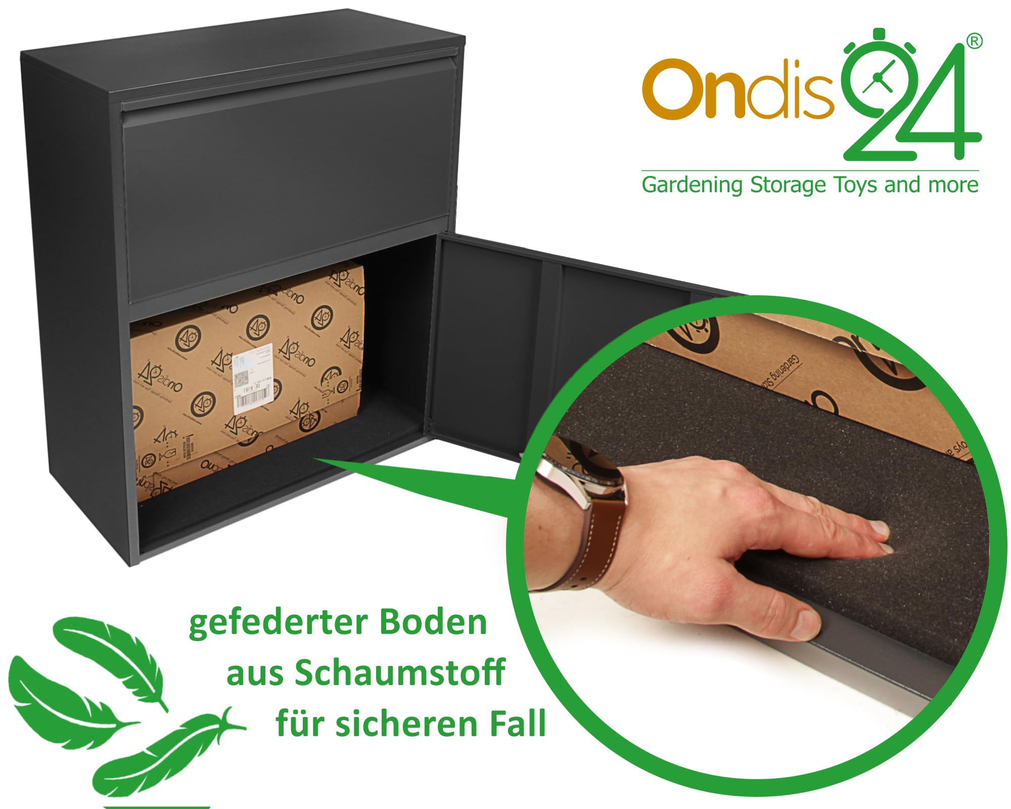 Ondis24 Korona Paketbox Postbox für Pakete, Päckchen, Warensendungen und Briefe mit Paketsafe (Schwarz, XXL 103 cm x 73 cm)