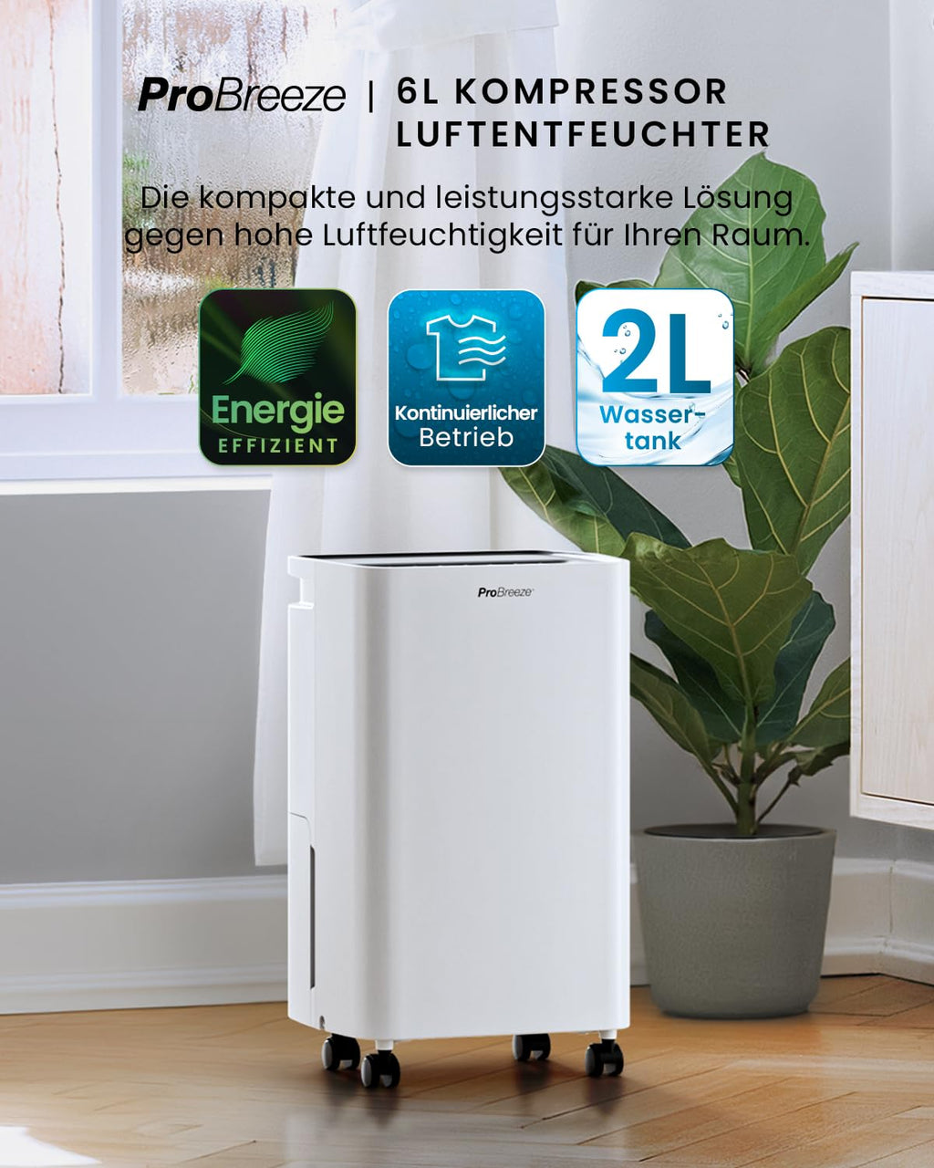 Pro Breeze Luftentfeuchter 6L in 24h Entfeuchtungsleistung - Dehumidifier - Luftentfeuchter elektrisch mit 2L Wassertank, Wäschetrockner, automatischem Feuchtigkeitssensor, Timer - Gegen Schimmel