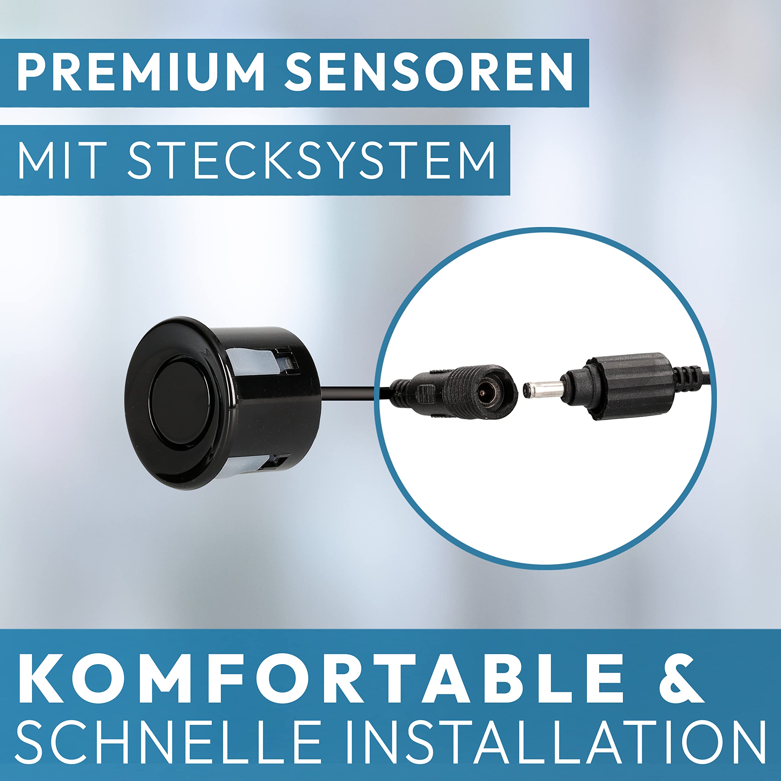 VSG24 Premium Einparkhilfe hinten mit Display zum nachrüsten am Auto, PDC Parksensoren hinten mit Stecksystem für einfachste Montage - 4 Rückfahrwarner Sensoren Parkhilfe Nachrüstsatz Schwarz