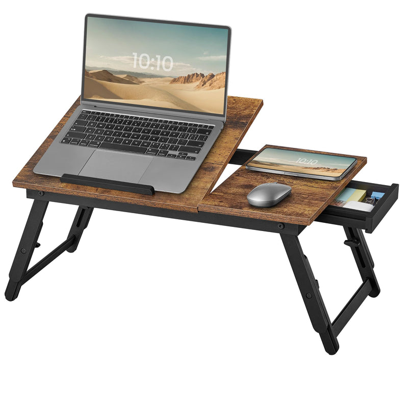 SONGMICS Laptoptisch für Bett, Laptopständer, Winkel- und höhenverstellbar, klappbare Beine, für Laptops bis 15,6 Zoll, Arbeiten, Lesen, Frühstücken, Bambusbeine, Schublade, vintagebraun LLD105B01