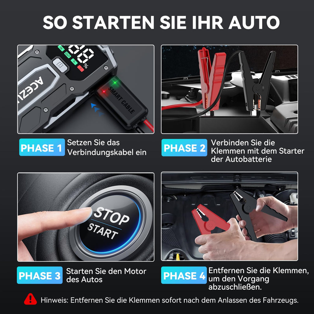 ACEZUK Starthilfe Powerbank Leistungsstark Für Autobesitzer LED-Beleuchtung Bis 7,0L