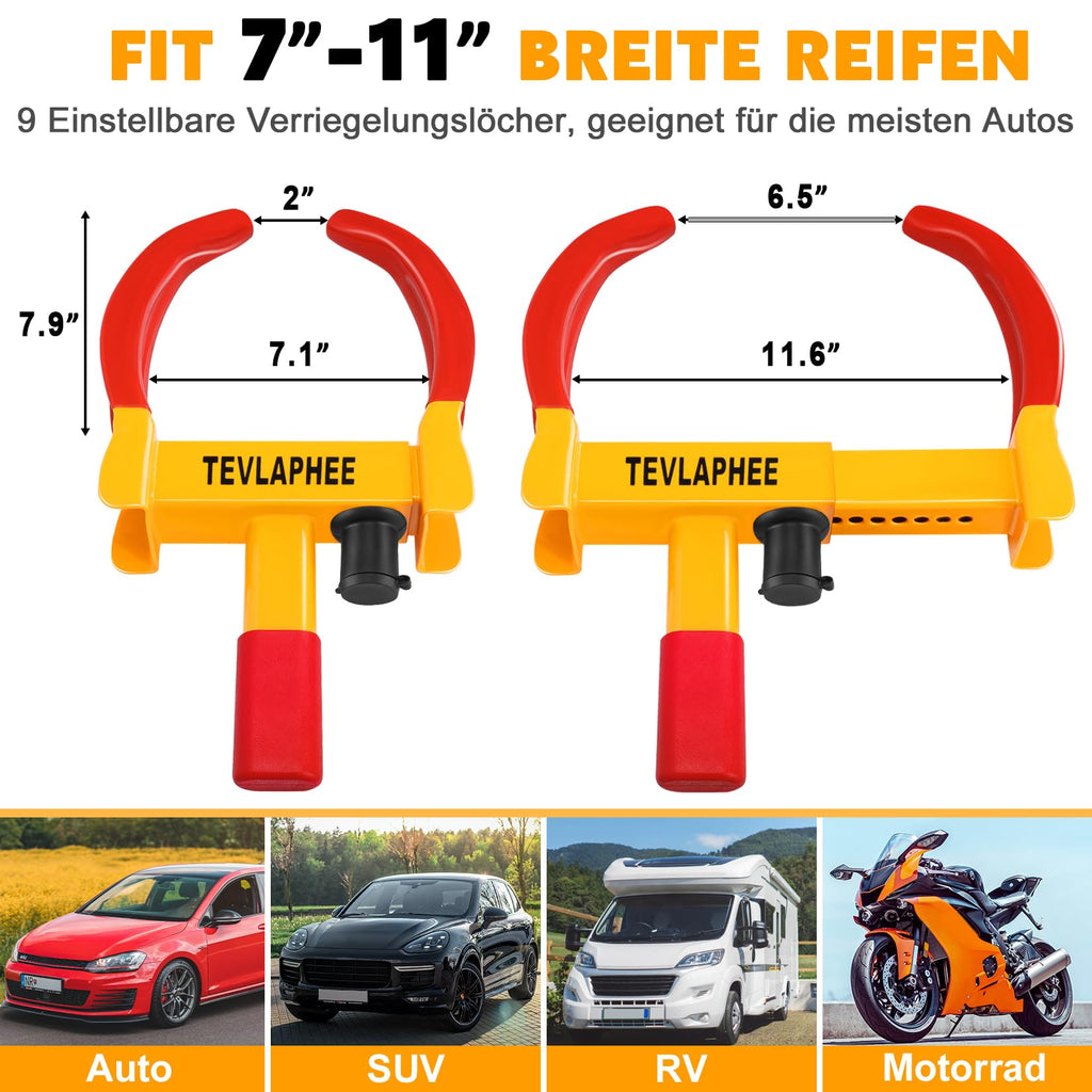 Tevlaphee Radkralle Parkkralle mit Sicherheitsschloss und 3 Schlüsseln für PKW Wohnwagen Anhänger - Reifenbreite 19-30cm - Felgenkralle Reifenkralle Wegfahrsperre Diebstahlsicherung