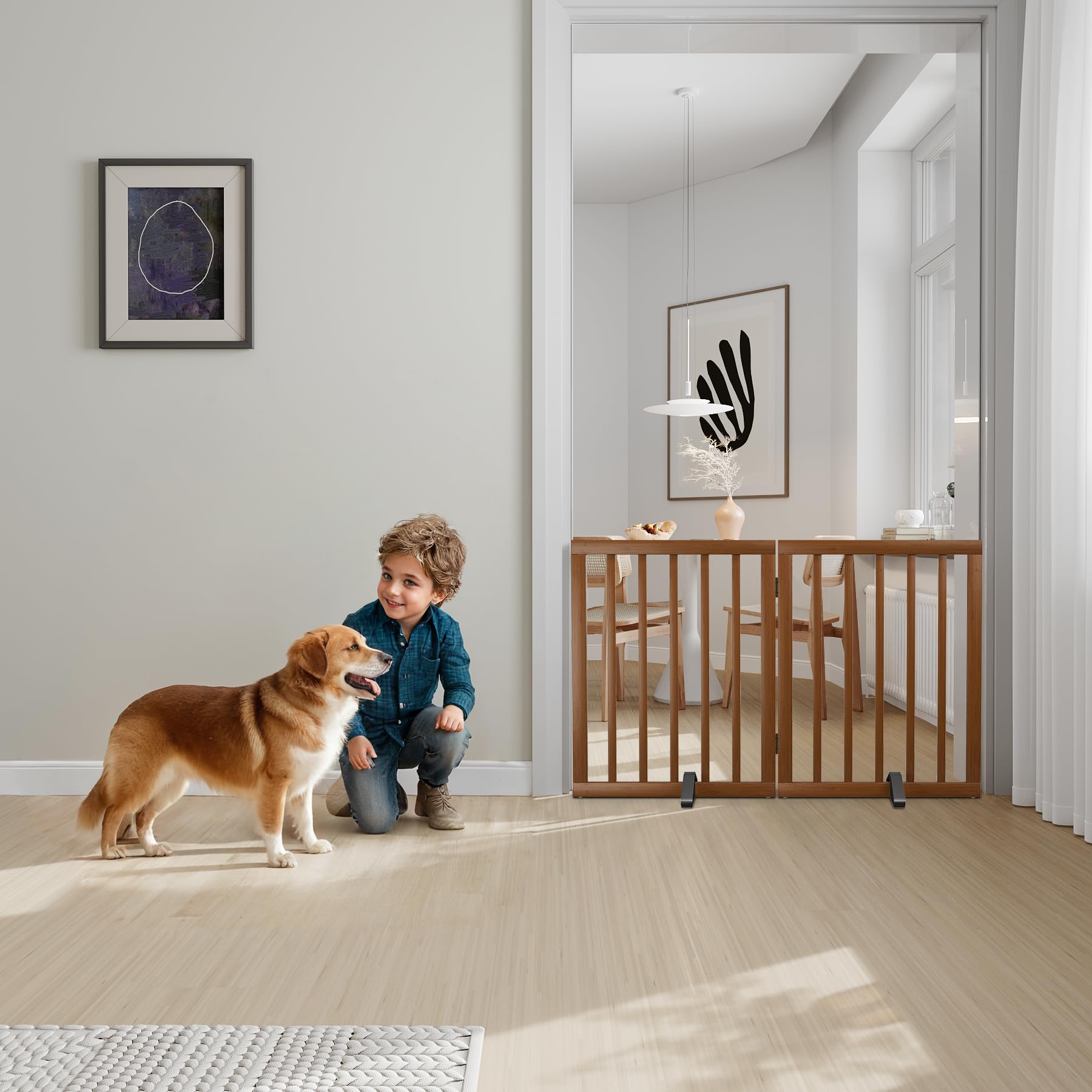 Semiocthome Freistehendes Haustiergitter mit 2 Ständern, Bambus-Hundegitter für Türen, Hundegitter für das Haus, Welpengitter für Treppen, Faltbarer Sicherheitszaun, 61 cm Höhe, 2 Paneele, komplett