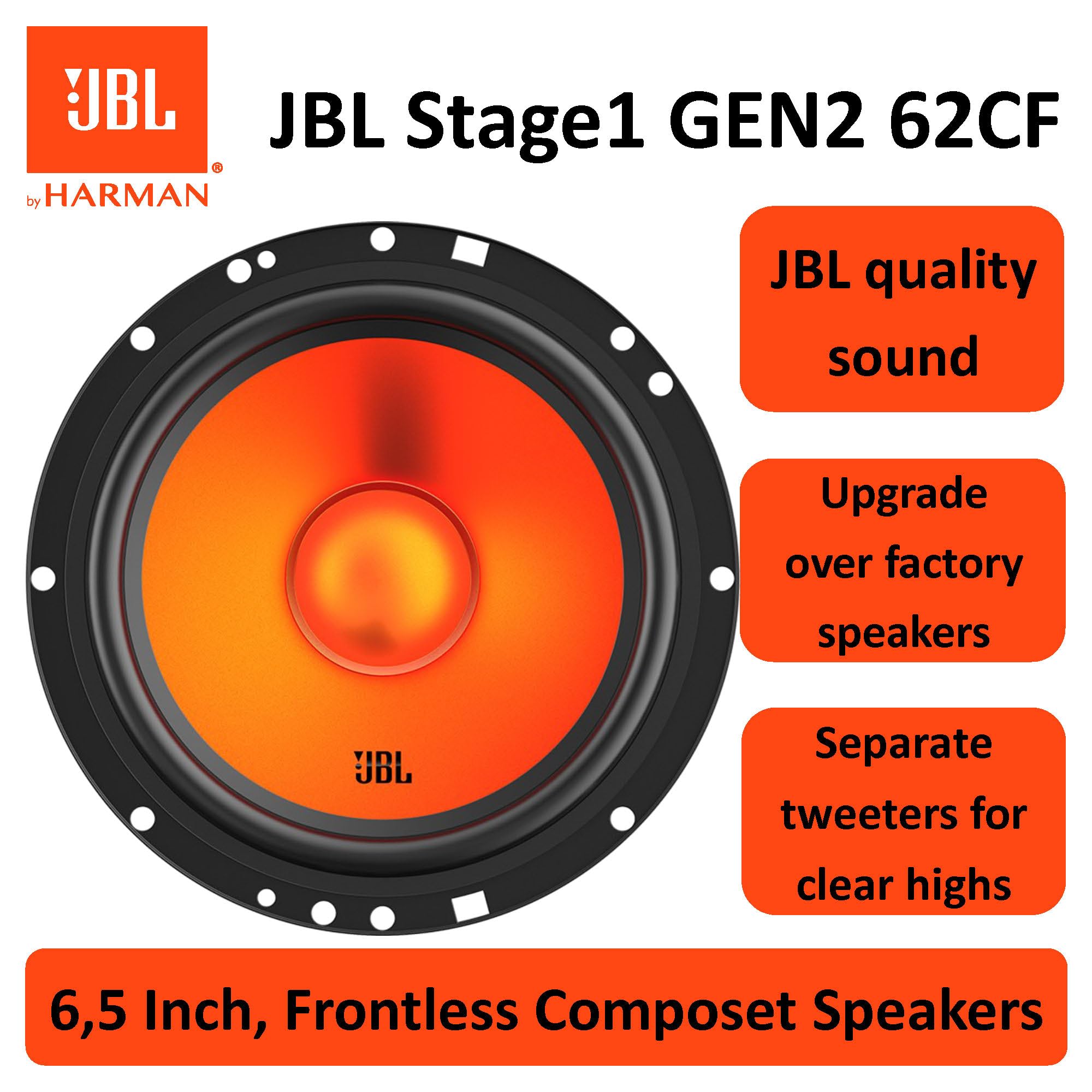 JBL Stage1 GEN2 62CF Komponenten Lautsprecher Auto 165mm (6,5 Zoll): von Harman Kardon Car HiFi mit 80W RMS und 640W Max Component Auto Boxen Set mit 2 Tieftöner + 2 Hochtöner