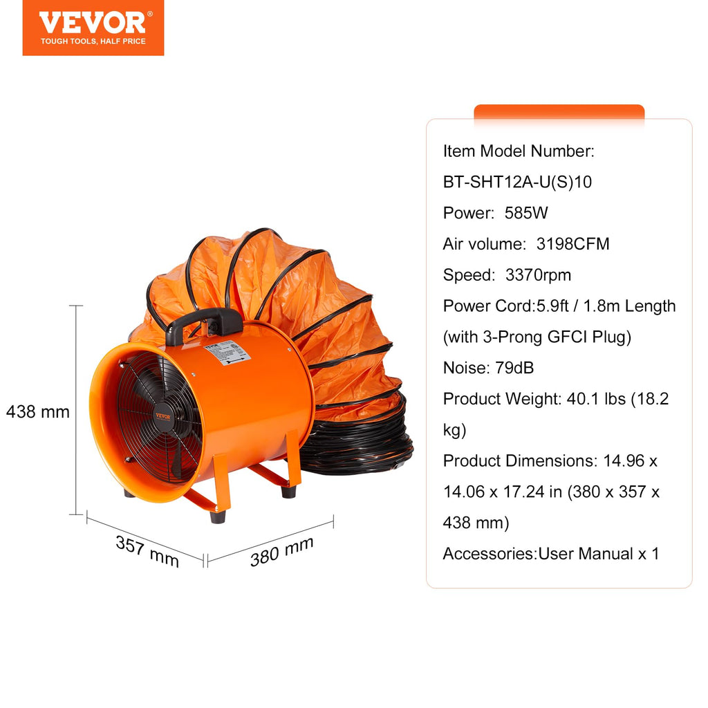 VEVOR Bauventilator 367-W-AC-Motor Baugebläse 2800 U/min Baulüfter Gebläse 2574 CFM (4373 m3/h) Axiallüfter mit 10 m Schlauch Axialgebläse 79 dB Geräuschpegel Industrielüfter
