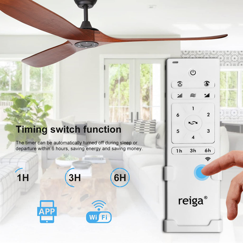 reiga 178 cm Holz Deckenventilator mit Fernbedienung, 6 Geschwindigkeiten, Leise DC Motor, 3 Holz Flügeln, Sommer Winterbetrieb für Schlafzimmer, Wohnzimmer, Terrasse