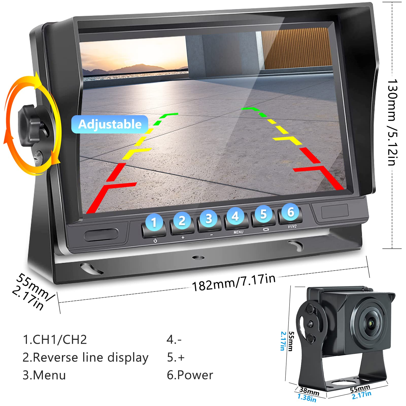 Hodozzy Rückfahrkamera Set AHD mit 7 Zoll LCD Monitor & Kamera Nachtsicht IP69 Wasserdicht für LKW, Anhänger, Bus, PKW, Wohnmobile, Vans (12V-24V), mit 15m Kabel