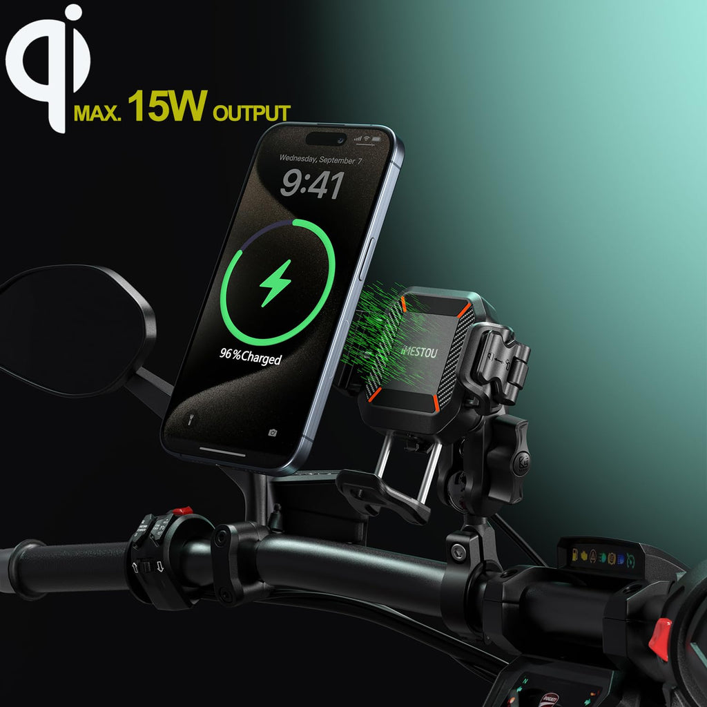 iMESTOU Kabellose USB-C Handyhalterung für Motorrad, Vibrationsdämpfend und Wasserdicht, 2,5 cm Kugel Qi Handyhalterung, Geeignet für 4,7"-7,2" mit max. 15mm Dicke Handys, Passend für 22–32 mm Lenker