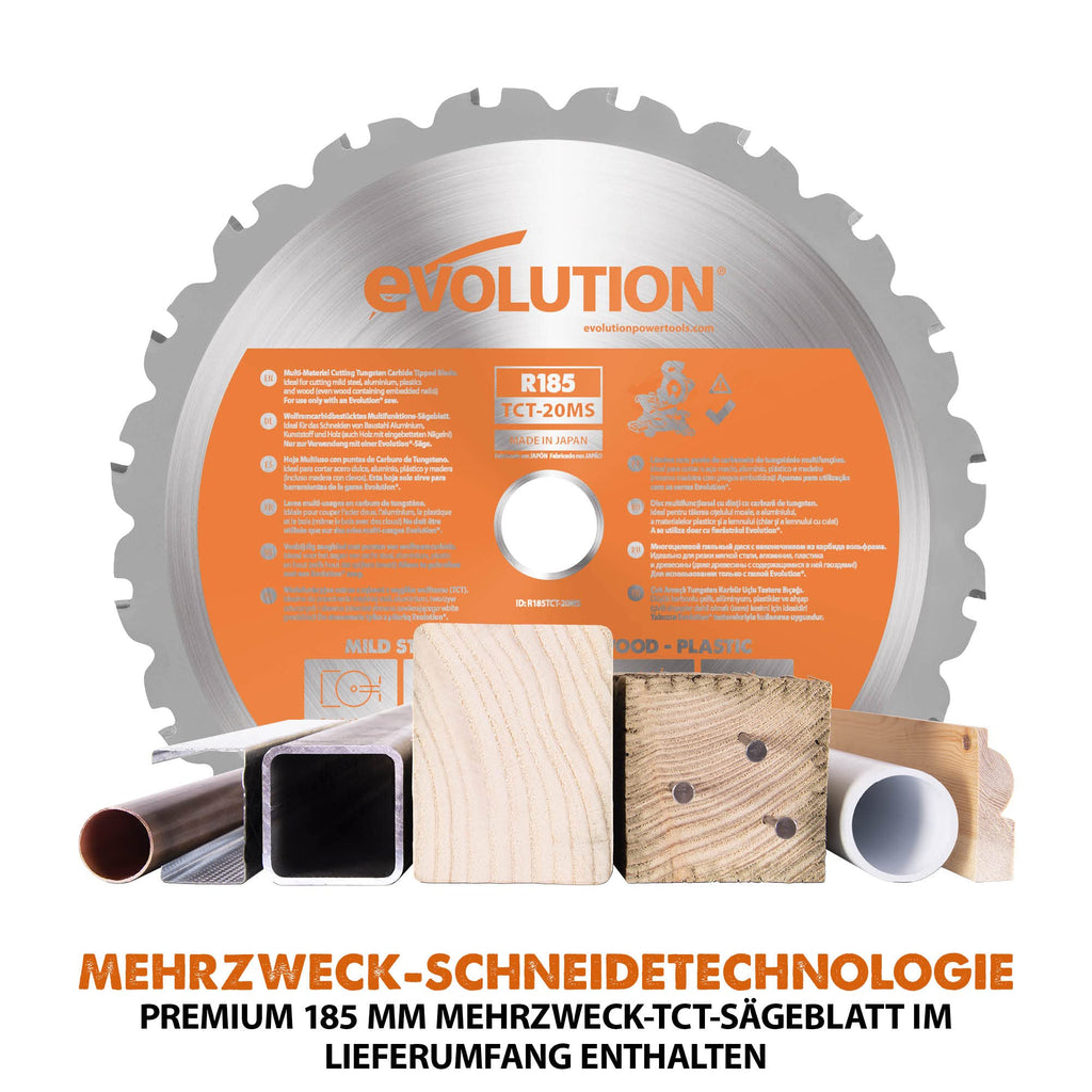 Evolution R185SMS-Li Akku-Gleitgehrungssäge mit Mehrzweck-Schneide, 45° Fasen-, 50° Gehrungsschnitte, 850 W – 185 mm TCT-Sägeblatt im Lieferumfang enthalten, 3 Jahre Garantie