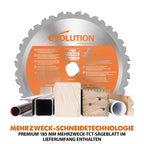 Evolution R185SMS-Li Akku-Gleitgehrungssäge mit Mehrzweck-Schneide, 45° Fasen-, 50° Gehrungsschnitte, 850 W – 185 mm TCT-Sägeblatt im Lieferumfang enthalten, 3 Jahre Garantie