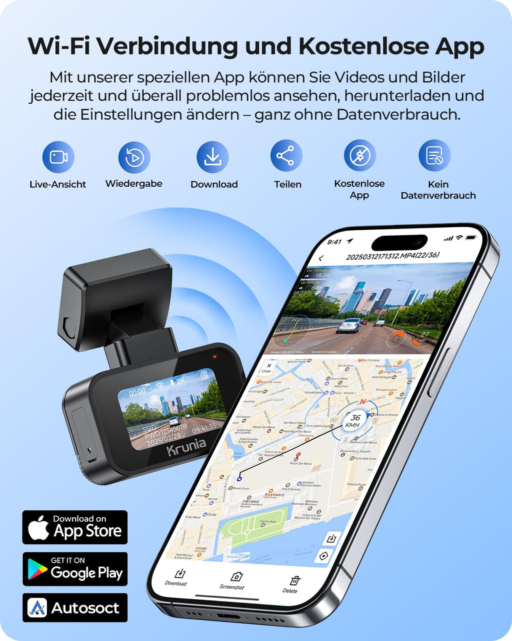 Krunia 2K WiFi Mini Dashcam Auto, Frontkamera mit App, CPL-Unterstützung, Externes GPS, WDR-Nachtsicht, 24Std Parküberwachung, Magnethalterung, Superkondensator, 170° Weitwinkel Kamera