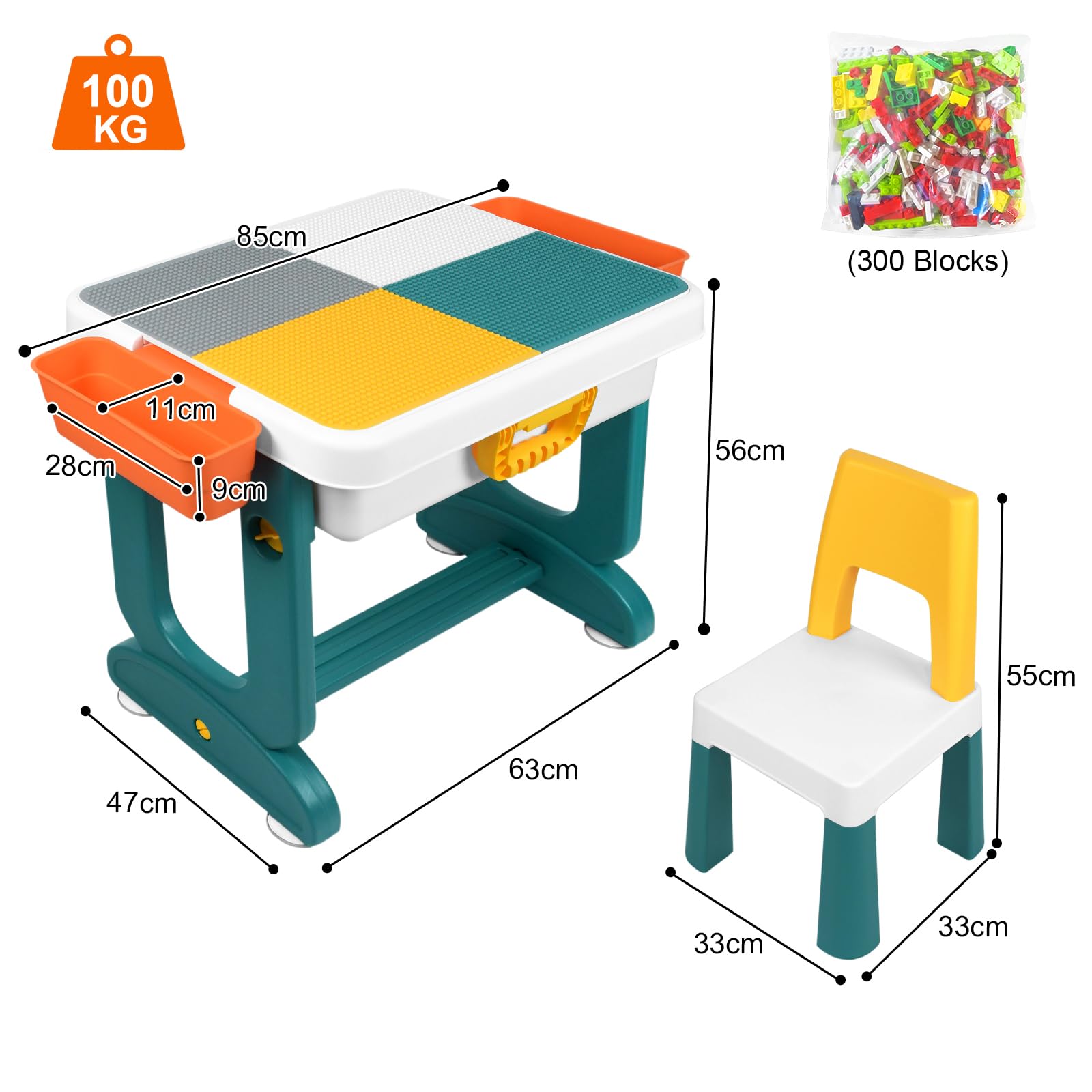 LZQ 5-in-1 Kindertisch mit Stühle Set Kinder Tisch Stuhl Spieltisch mit Bausteine und 2 Stühle Doppelseitiger Tischplatte Multifunktionaler Aktivitätstisch mit Stauraum für Lernen Lernspiele