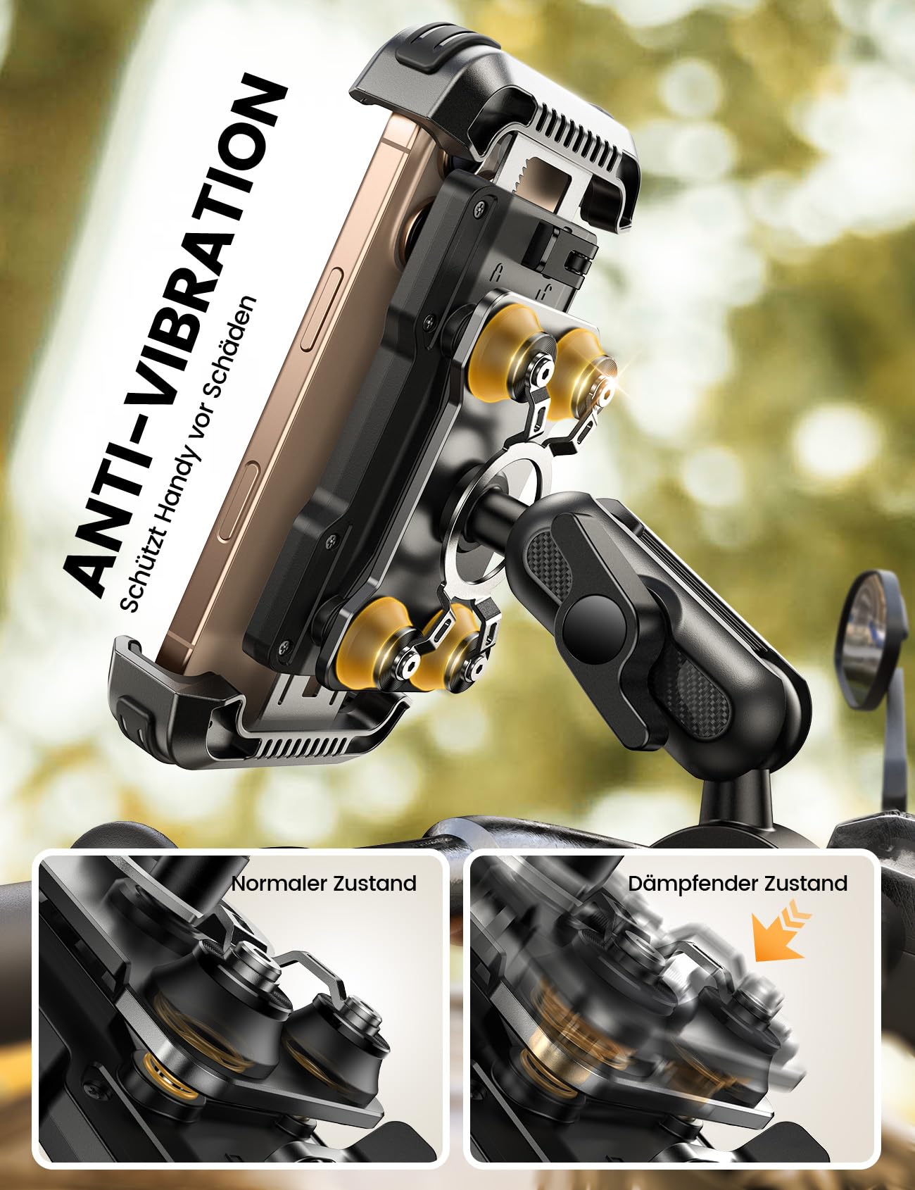 Lamicall Motorrad Handyhalterung Fahrrad Handyhalter - [720° Drehbarer Metall-Arm] Doppelte Vibrationsgedämpft Handy Halterung Motorrad, Diebstahlsicher Lenker Motorradhalterung für iPhone 17/16/15/14