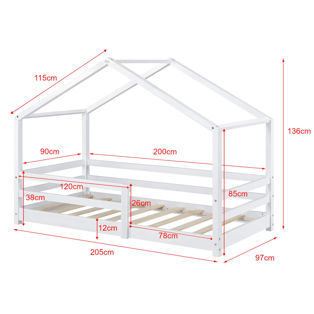 [en.casa] Kinderbett Knätten Hausbett Bodenbett 90 x 200 cm Holzbett für Kinder mit Rausfallschutz Bettgestell mit Lattenrost Kiefernholz Weiß