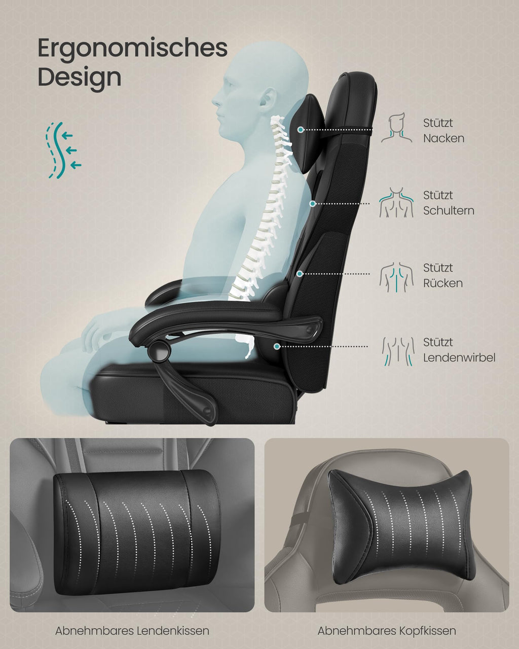SONGMICS Gaming-Stuhl, Bürostuhl mit Fußstütze, Schreibtischstuhl mit Kopfstütze und Lendenkissen, höhenverstellbar, ergonomisch, bis 150 kg belastbar, tintenschwarz OBG073B05