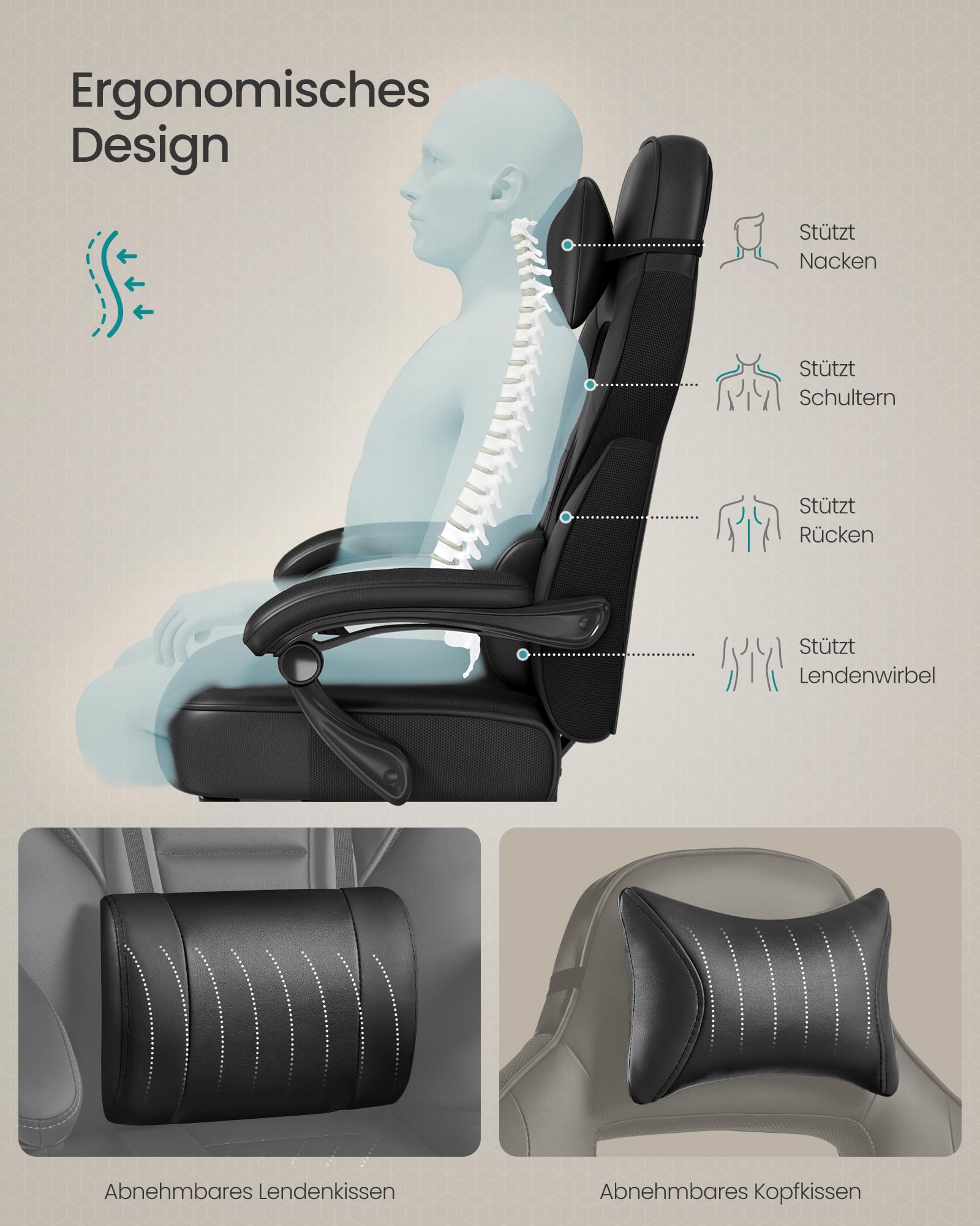 SONGMICS Gaming-Stuhl, Bürostuhl mit Fußstütze, Schreibtischstuhl mit Kopfstütze und Lendenkissen, höhenverstellbar, ergonomisch, bis 150 kg belastbar, tintenschwarz OBG073B05